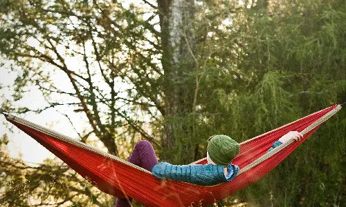 A person wearing a green hat relaxes in a red hammock outdoors, surrounded by tall, sunlit trees and greenery.