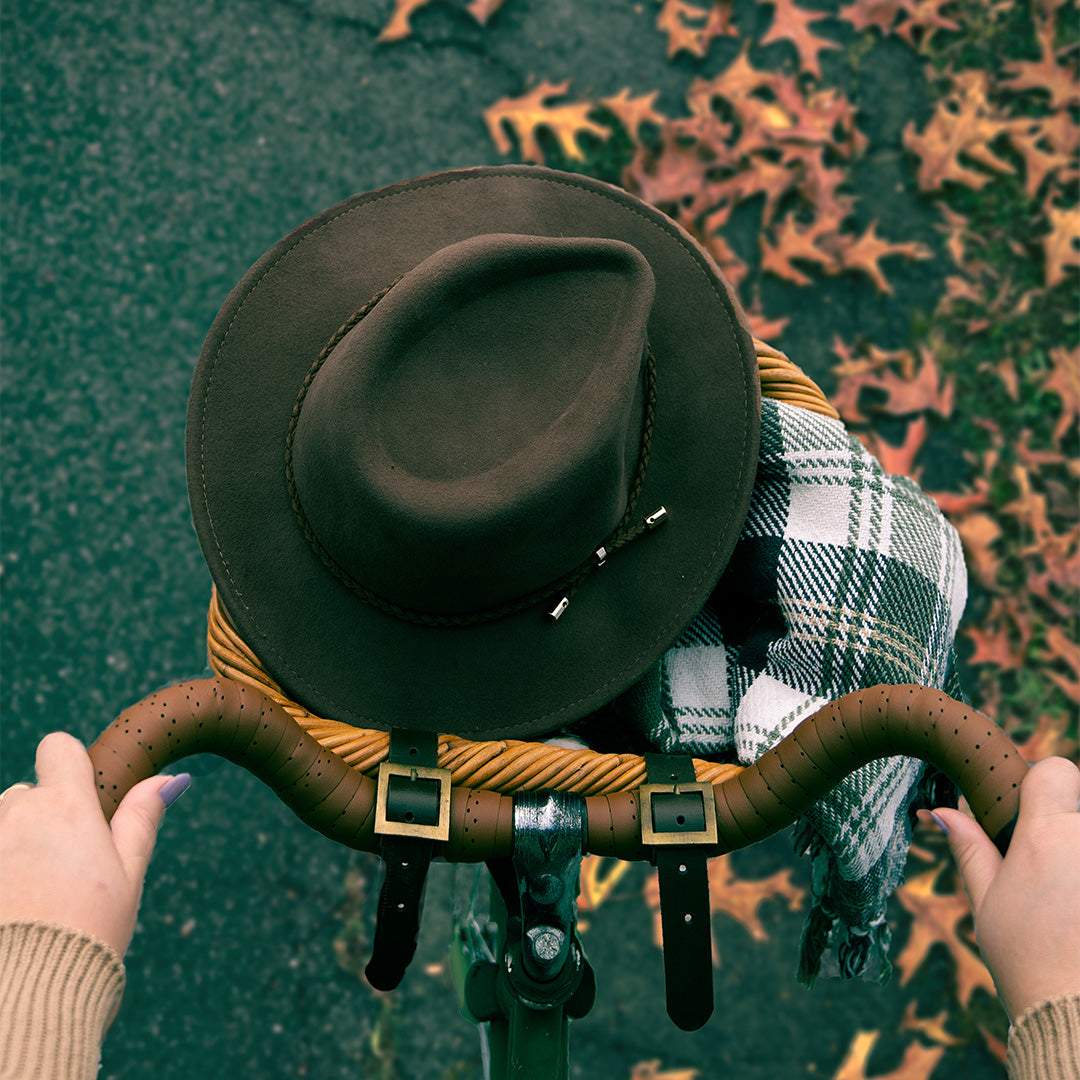 A person holds the handlebars of a bicycle with a brown hat and a plaid scarf in the front basket. Fallen autumn leaves are scattered on the ground ahead.