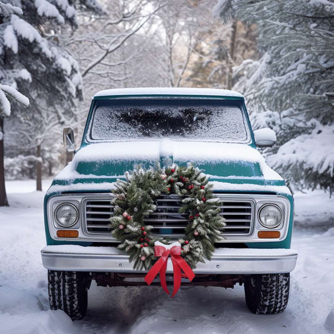 A vintage blue truck covered in snow is parked on a snowy road, decorated with a festive green wreath and red bow on its front grille. Snow-covered trees surround the scene.