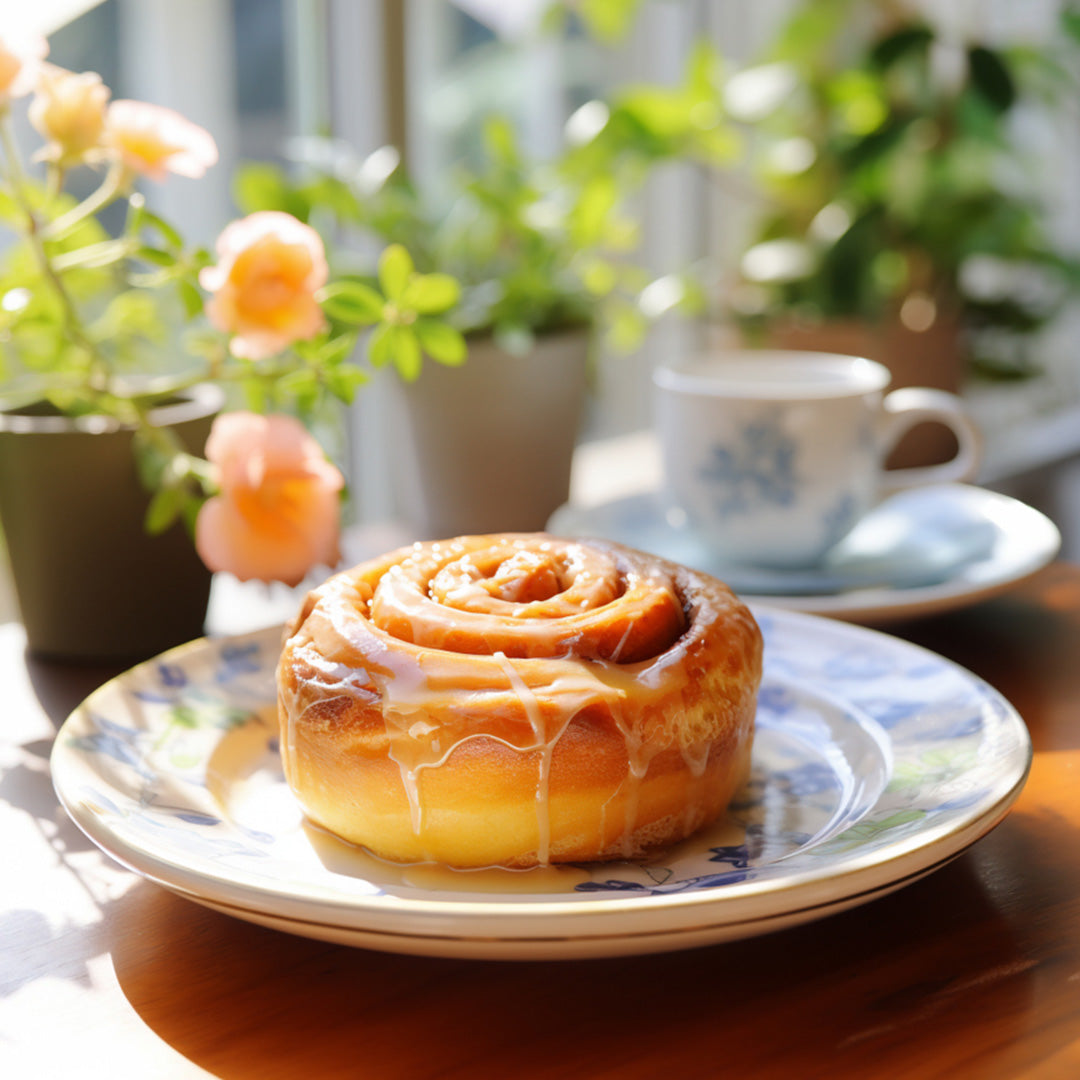 A glazed cinnamon roll sits on a decorative plate by a sunlit window, with potted flowers and a teacup in the background.