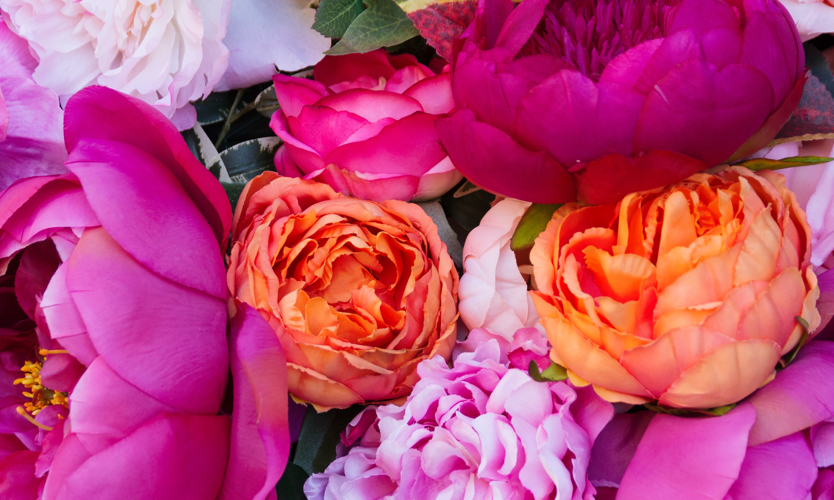 A vibrant assortment of pink, orange, and white peonies and roses with lush petals, densely arranged to create a colorful, textured floral display.