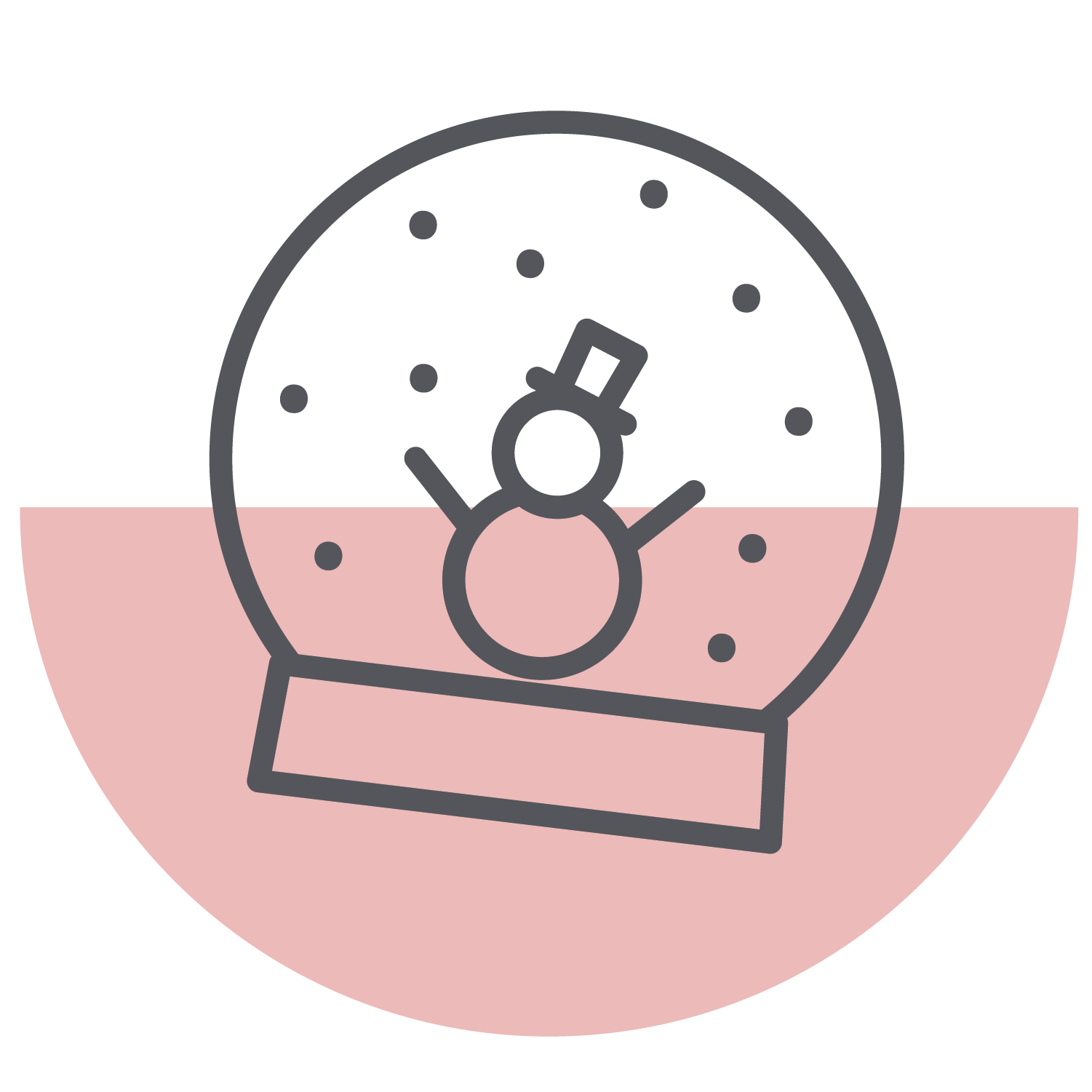 Minimalist line drawing of a snow globe with a snowman inside. Black outlines with a pink semicircular background on the lower half. Snowflakes are scattered around the snowman.