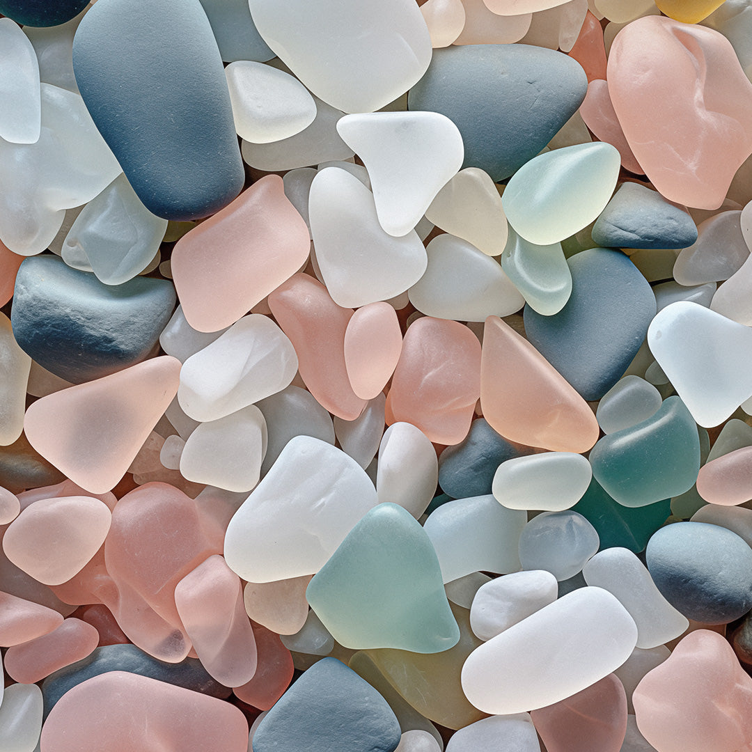 A collection of smooth, colorful sea glass pieces in pastel shades of pink, blue, white, and green, closely arranged and filling the entire frame.