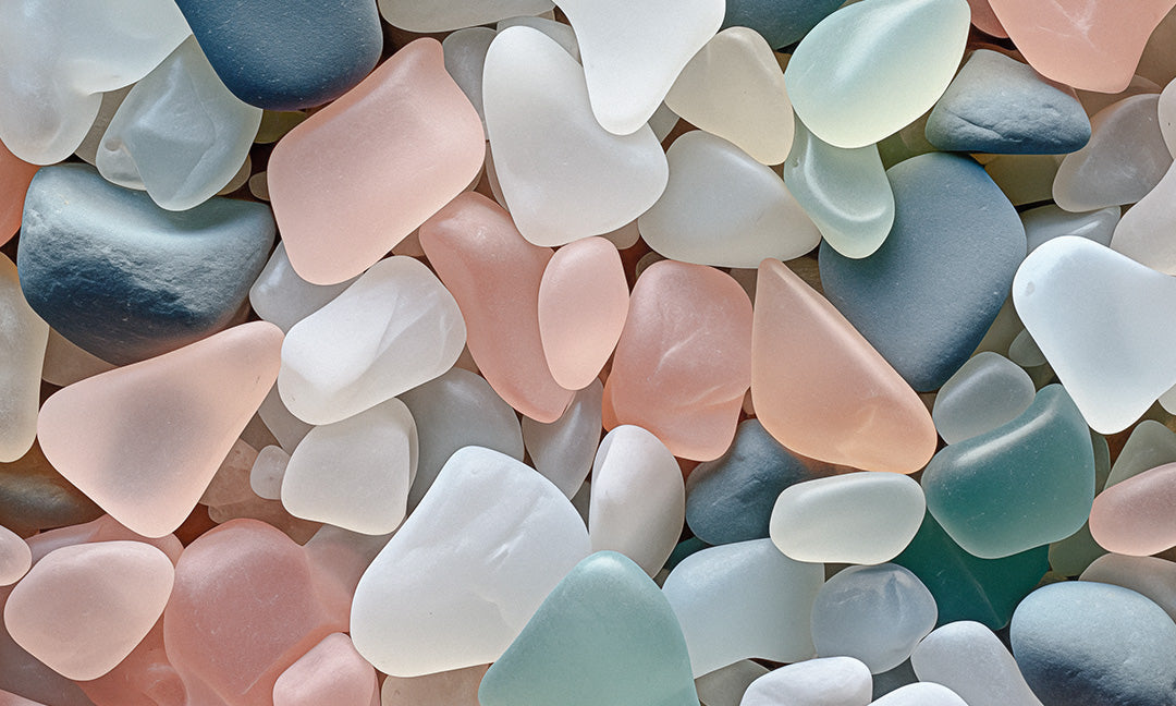 A collection of smooth, colorful sea glass pieces in pastel shades of pink, blue, white, and green, closely arranged and filling the entire frame.