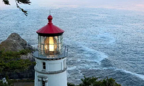 A white lighthouse with a red roof glows at dusk, overlooking a vast, calm ocean. Trees and greenery surround the base, and the sky is tinged with soft pink and blue hues.