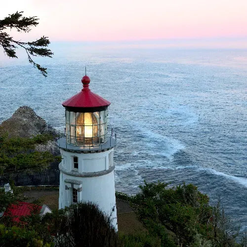 A white lighthouse with a red roof glows at dusk, overlooking a vast, calm ocean. Trees and greenery surround the base, and the sky is tinged with soft pink and blue hues.