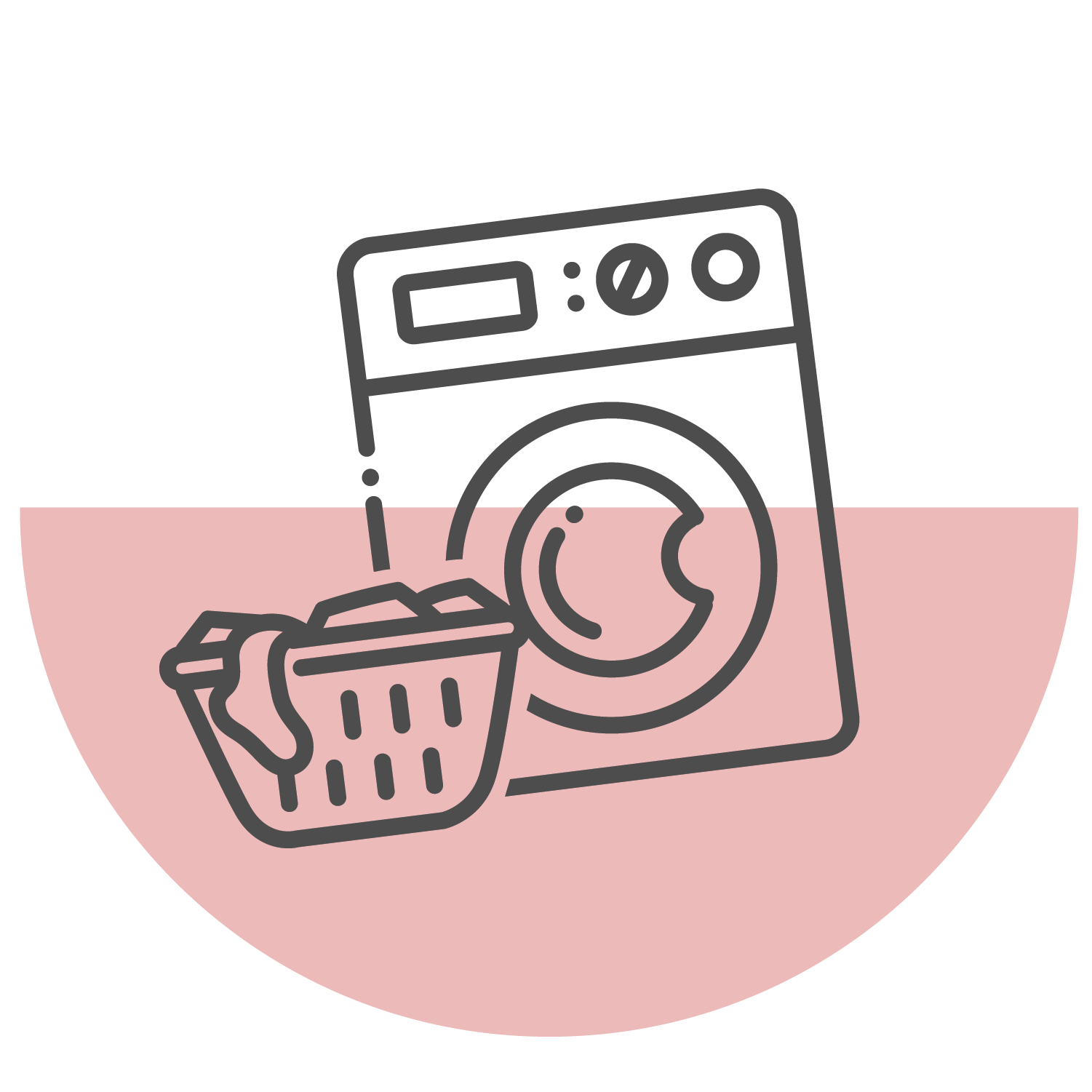 Line drawing of a washing machine with a laundry basket full of clothes in front, set against a pink semicircle background.