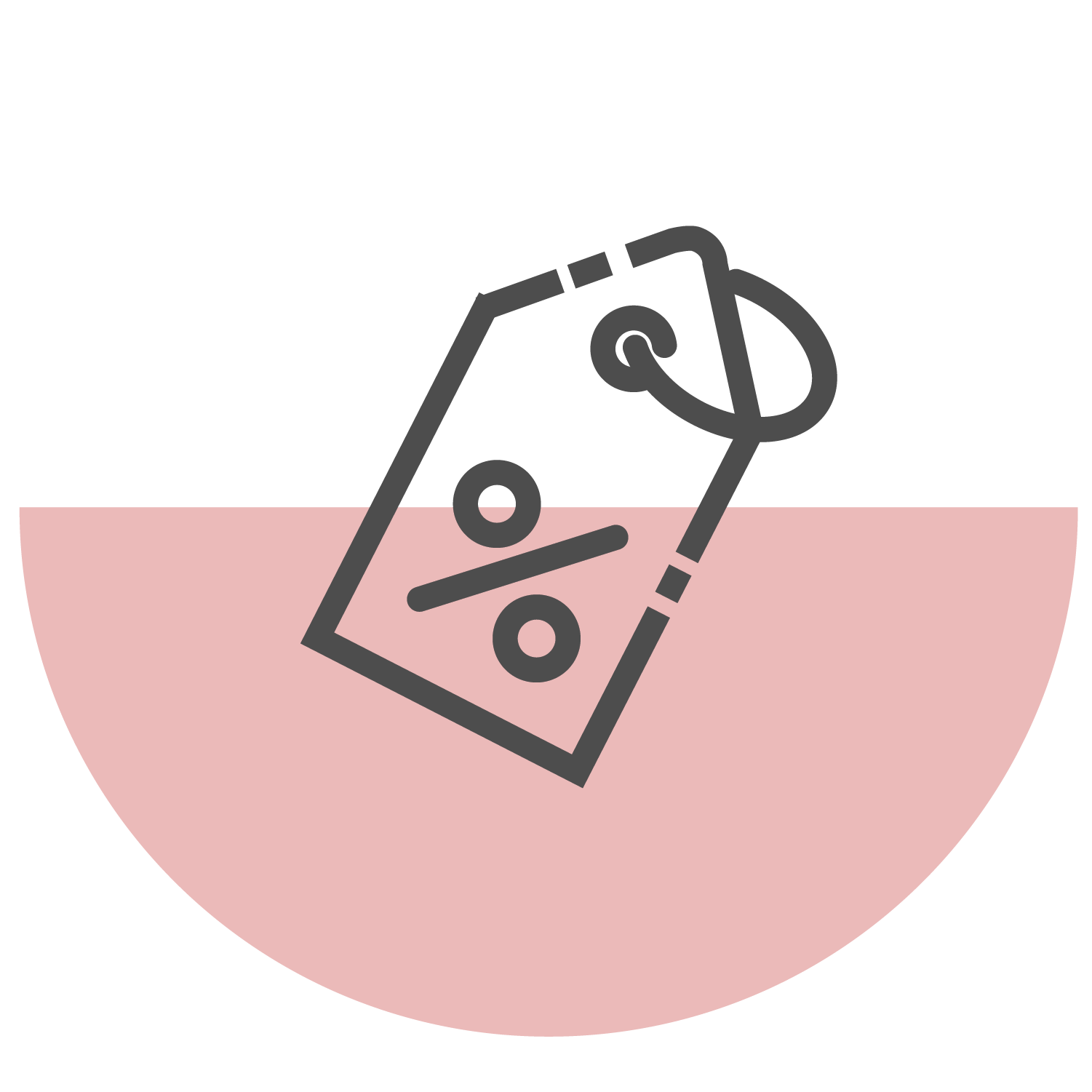 Minimalist icon of a price tag with a percentage symbol on it, suggesting a discount or sale, placed over a pink semicircle background.