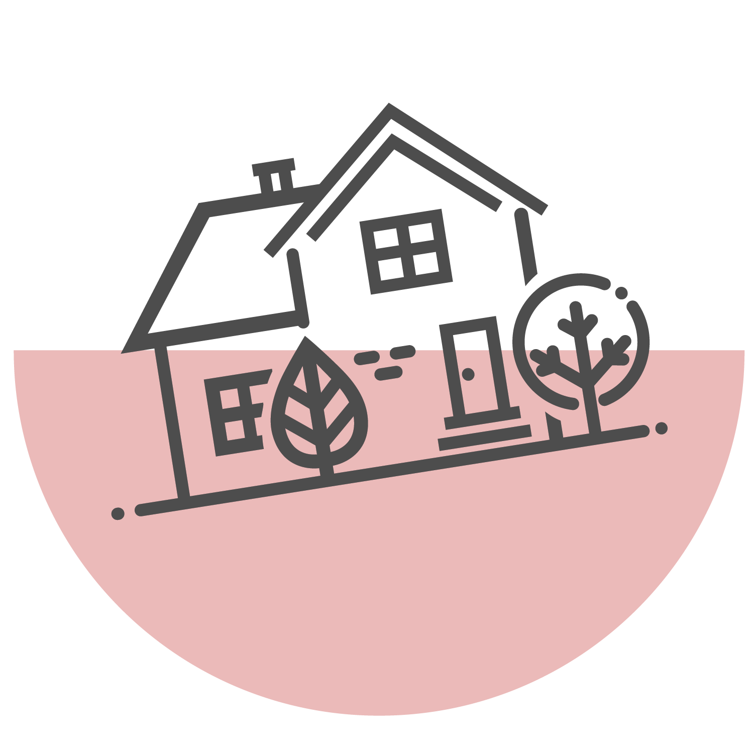 Minimalist line drawing of a house with two windows, a door, a chimney, and two trees in front, set against a pink semicircle background.