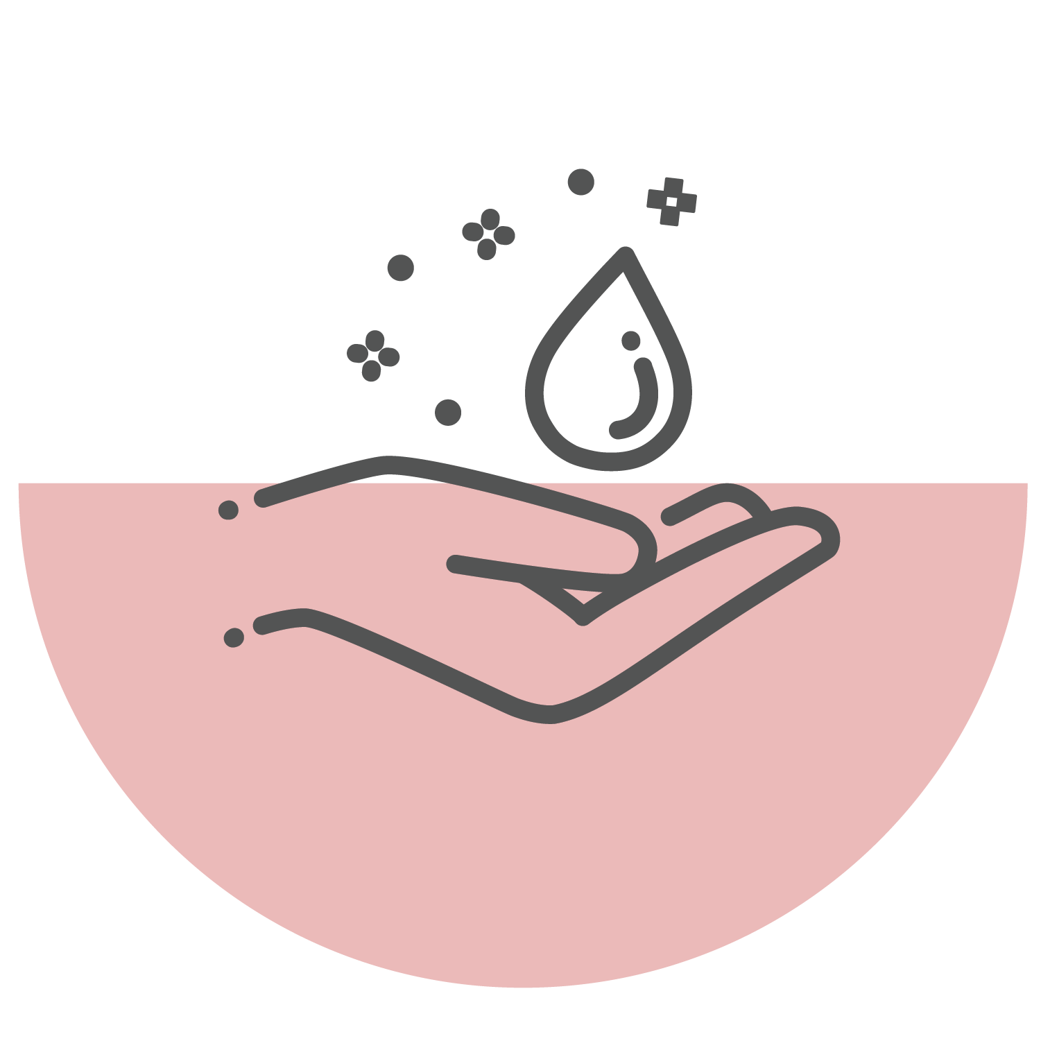 Line drawing of a hand with a water droplet and sparkles above it, symbolizing cleanliness or handwashing, over a pink semicircle background.