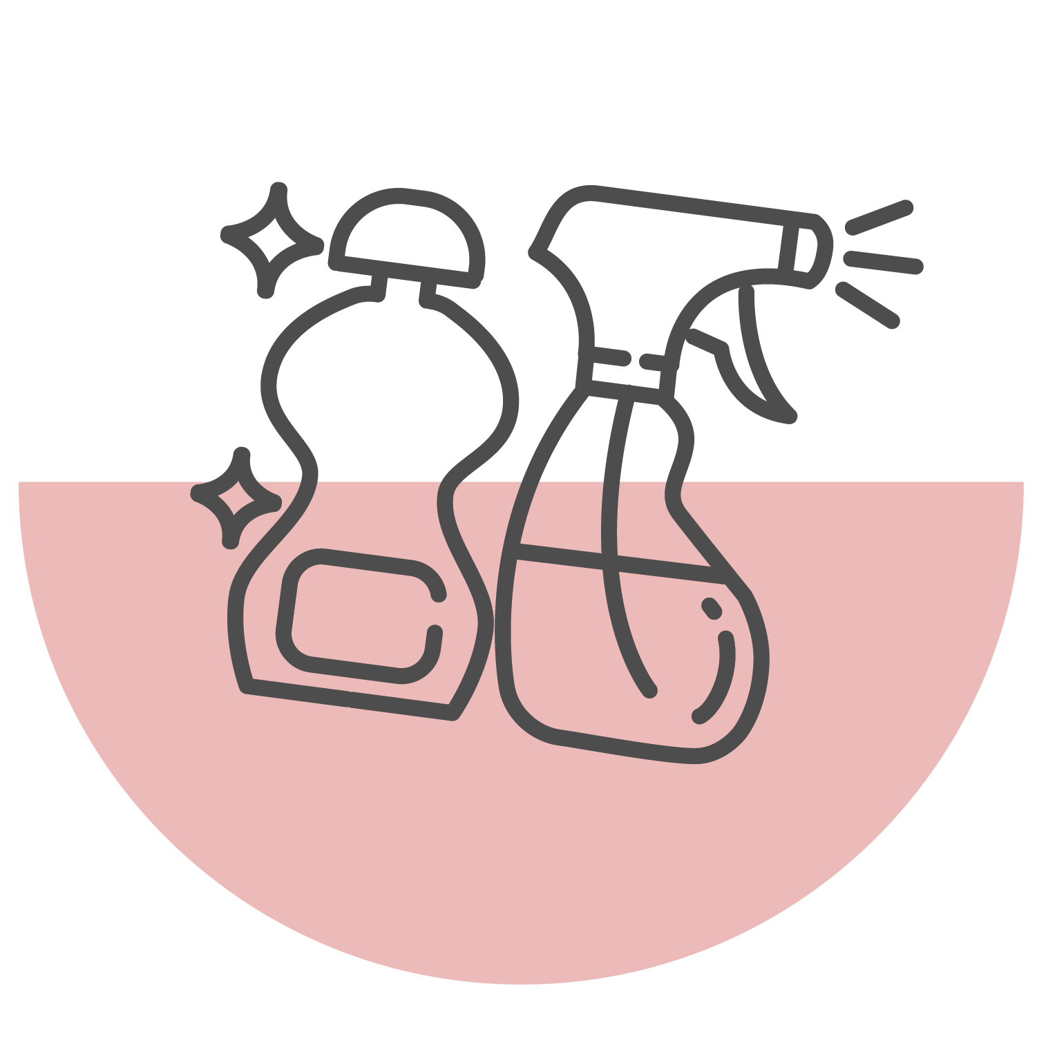 Line drawing of two cleaning bottles, one with a spray nozzle and one with a cap, both sparkling, on a pink semi-circle background.