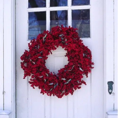 A bright red berry wreath with green leaves hangs on a white wooden door with glass window panes at the top.