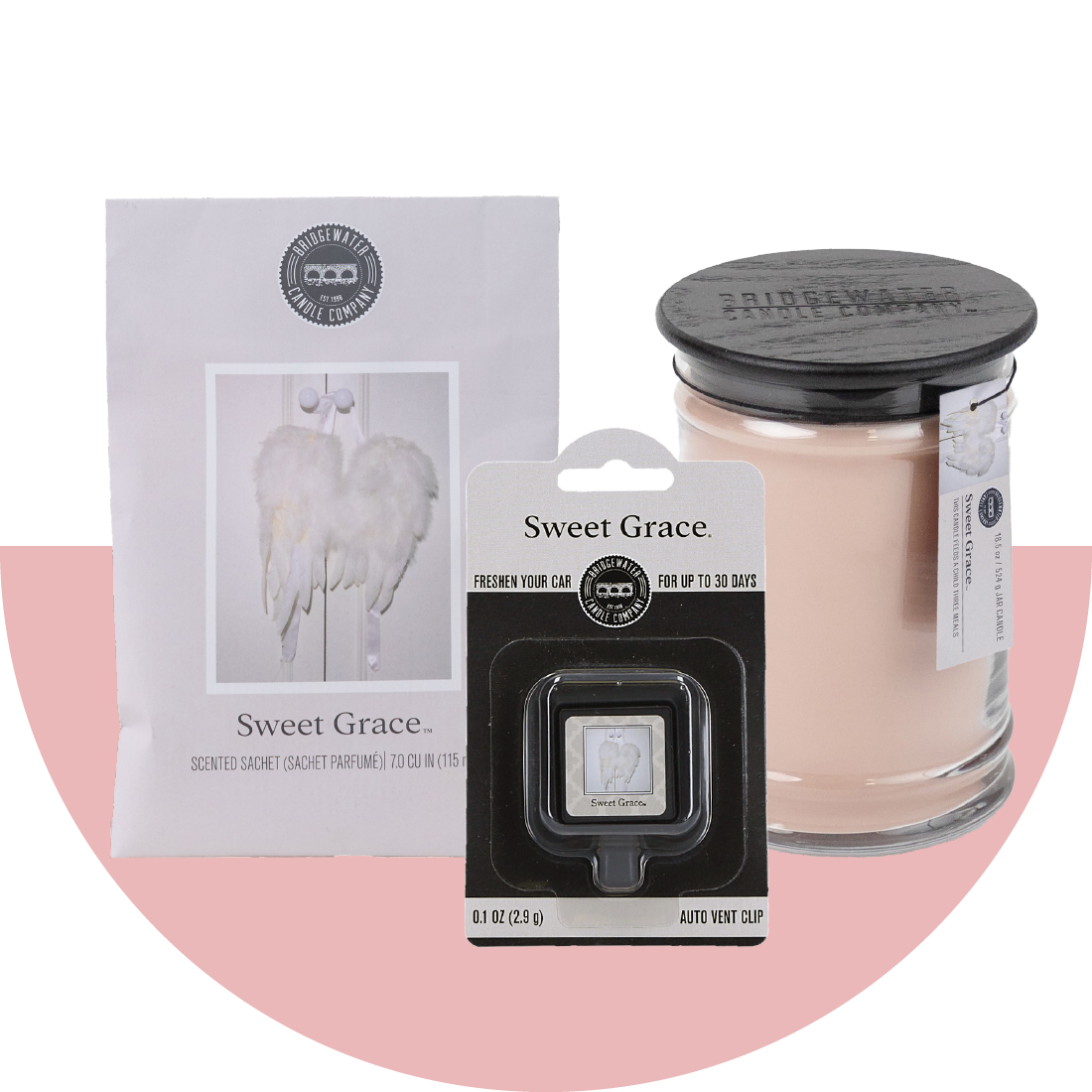 Sweet Grace Sachet, Large Candle and Auto Vent Clip on a pink half circle background