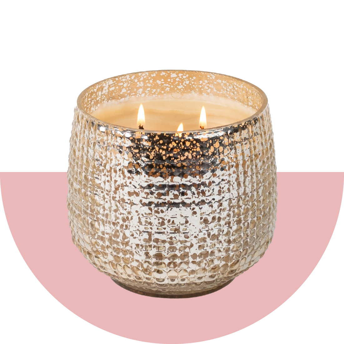 Sweet Grace Metallic Decorative Candle on a pink half circle background