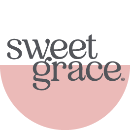 Sweet grace is written in lowercase dark gray letters over a background divided into white (top) and light pink (bottom half-circle).