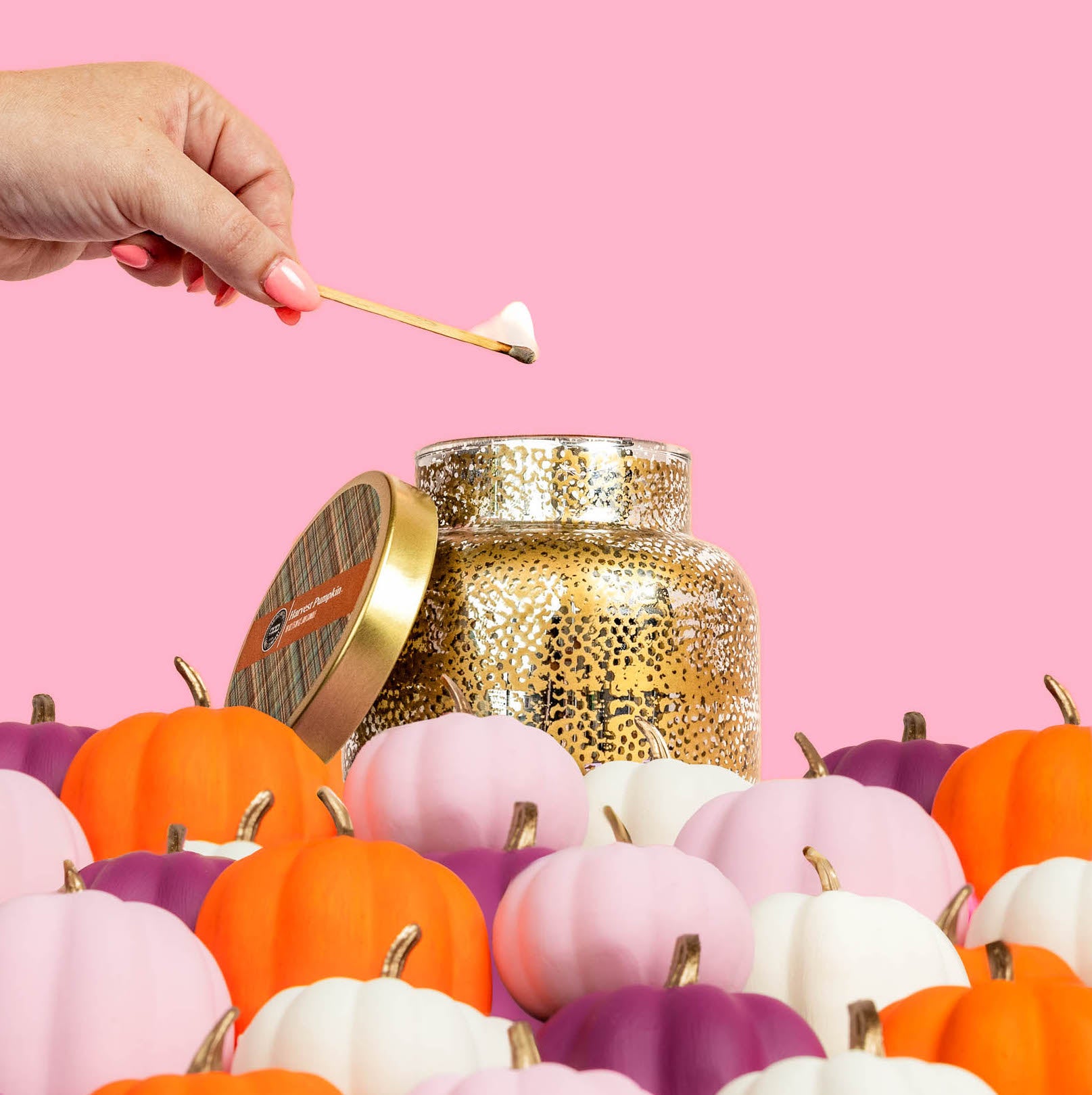 A hand lights the Bridgewater Candle Company Harvest Pumpkin Holiday Mercury Jar Candle, featuring soy-blend wax and gold speckles, surrounded by small orange, white, pink, and purple pumpkins against a solid pink background.