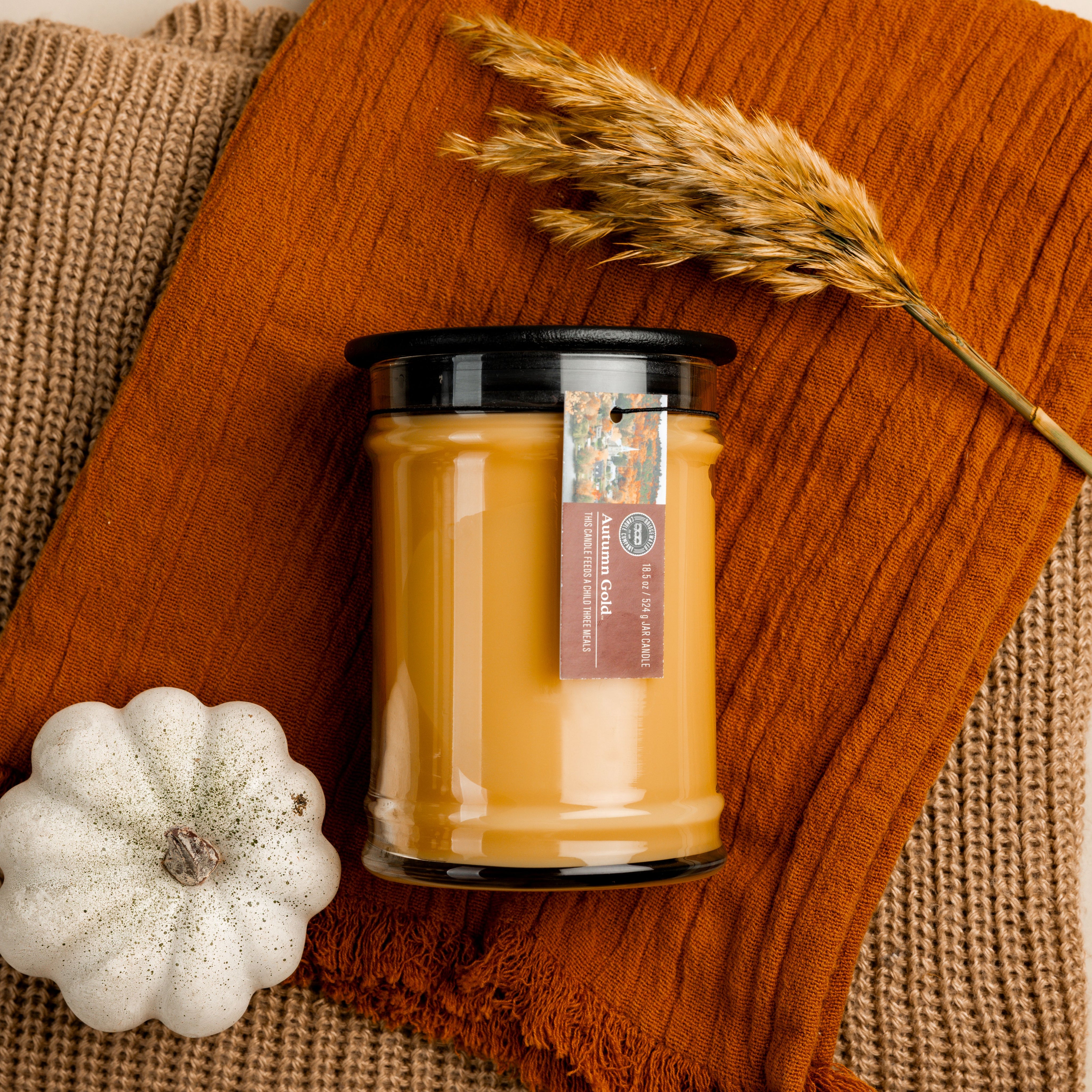 The Bridgewater Candle Autumn Gold Large Jar Candle, with a black lid, sits on orange textured fabric beside a white pumpkin and dried wheat. This soy-blend wax candle fills the room with cozy Autumn Gold fragrance against a brown knit backdrop.