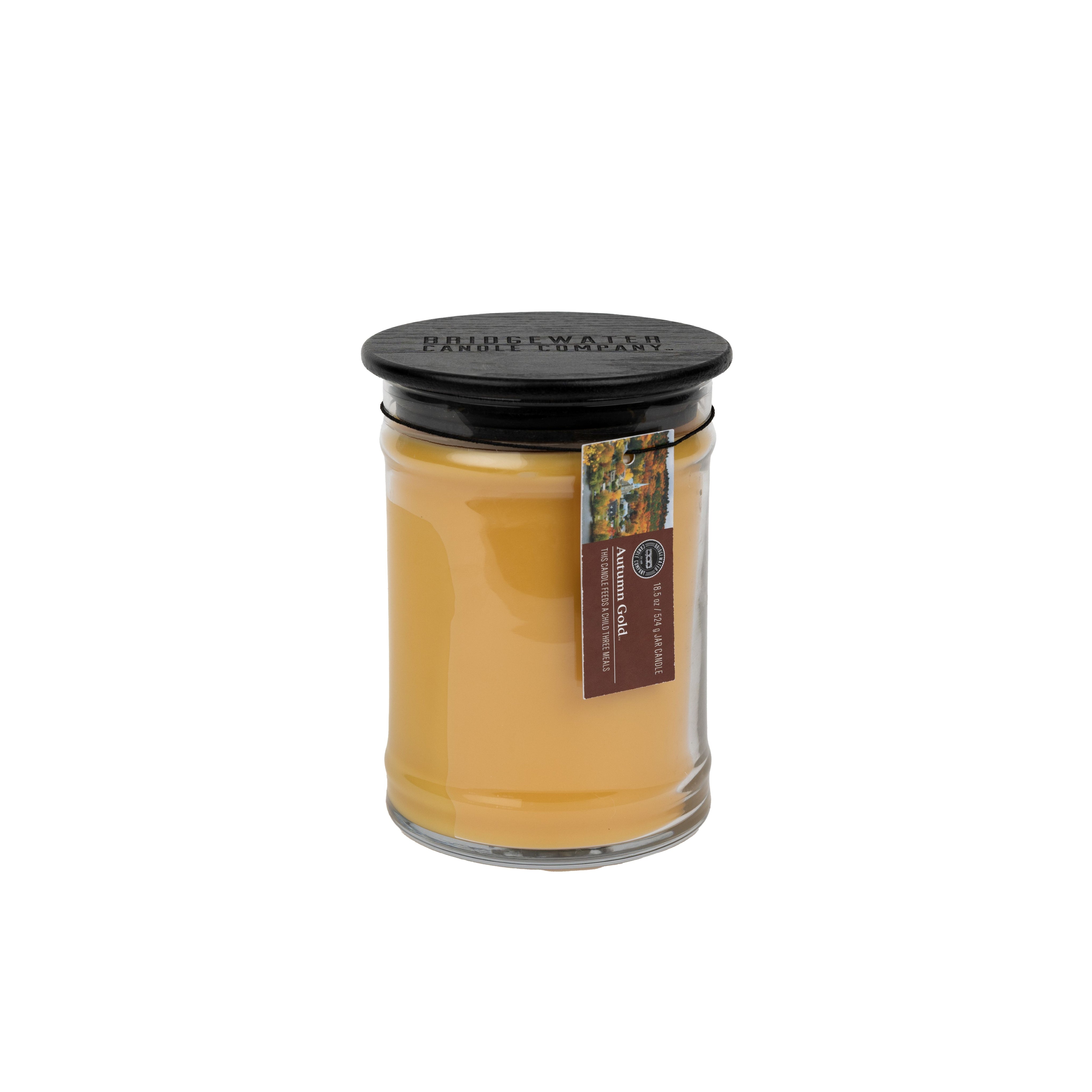 The Bridgewater Candle Autumn Gold Large Jar Candle features tan soy-blend wax in a jar with a black lid and a label displaying honeycombs, hinting at its cozy fragrance.