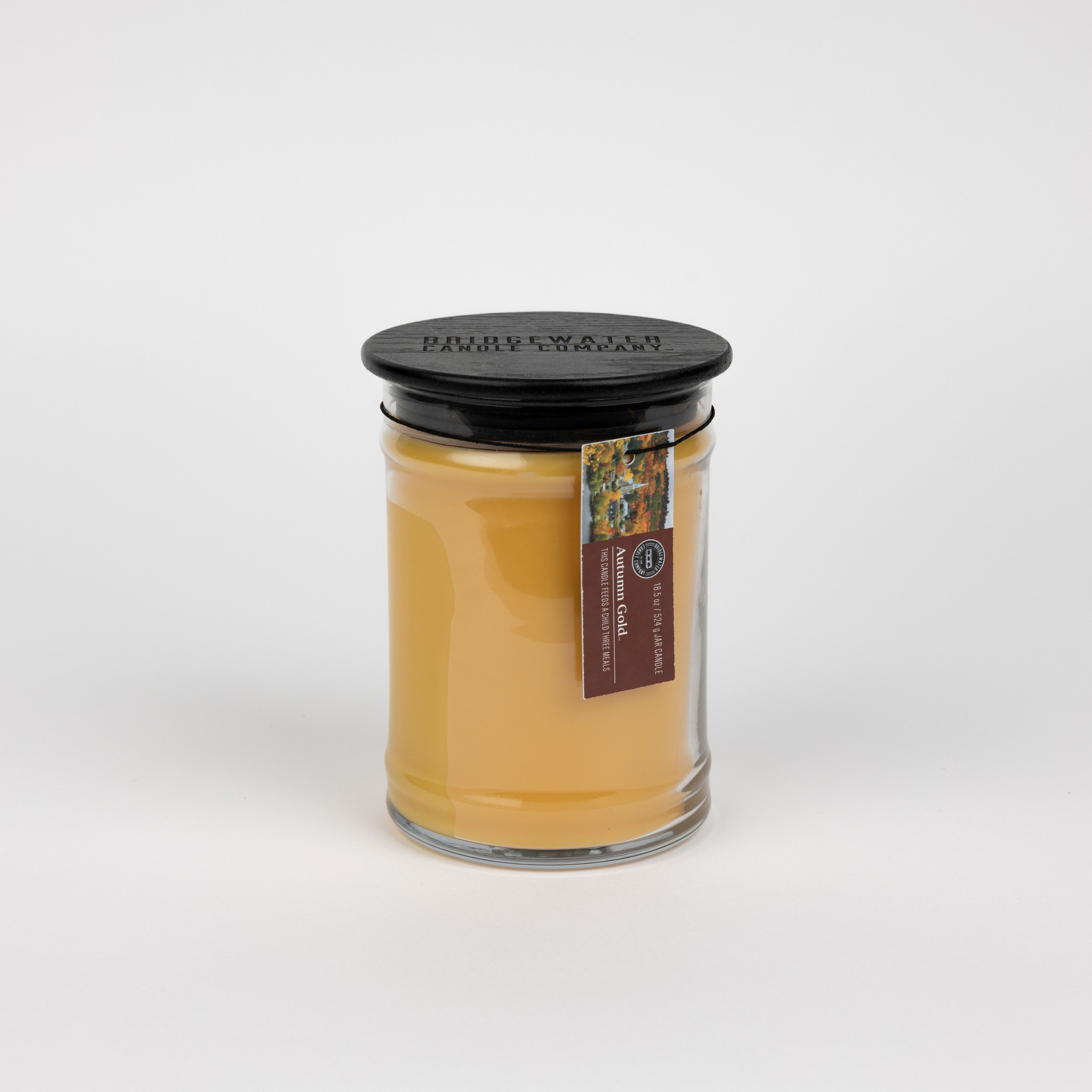The Bridgewater Candle Autumn Gold Large Jar Candle features soy-blend wax in a glass jar with a black lid. A brown label with text and a small colorful image wraps around the jar’s neck, all set against a plain white background.
