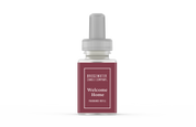 A Pura+Bridgewater Fragrance Refill - Welcome Home by Bridgewater Candle Company, featuring a maroon label and white screw cap, designed for smart home diffusers, displayed against a plain white background.
