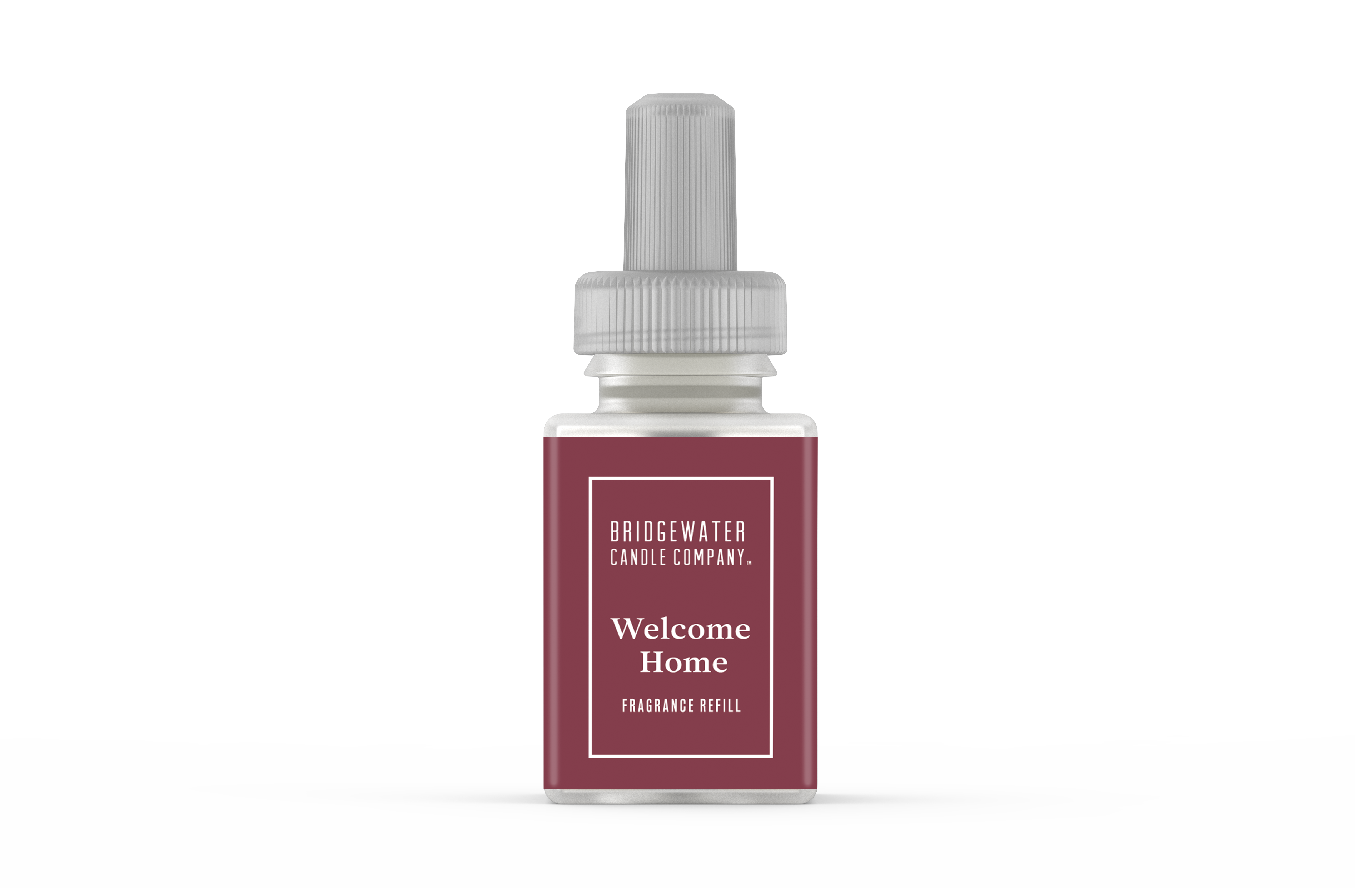 A Pura+Bridgewater Fragrance Refill - Welcome Home by Bridgewater Candle Company, featuring a maroon label and white screw cap, designed for smart home diffusers, displayed against a plain white background.