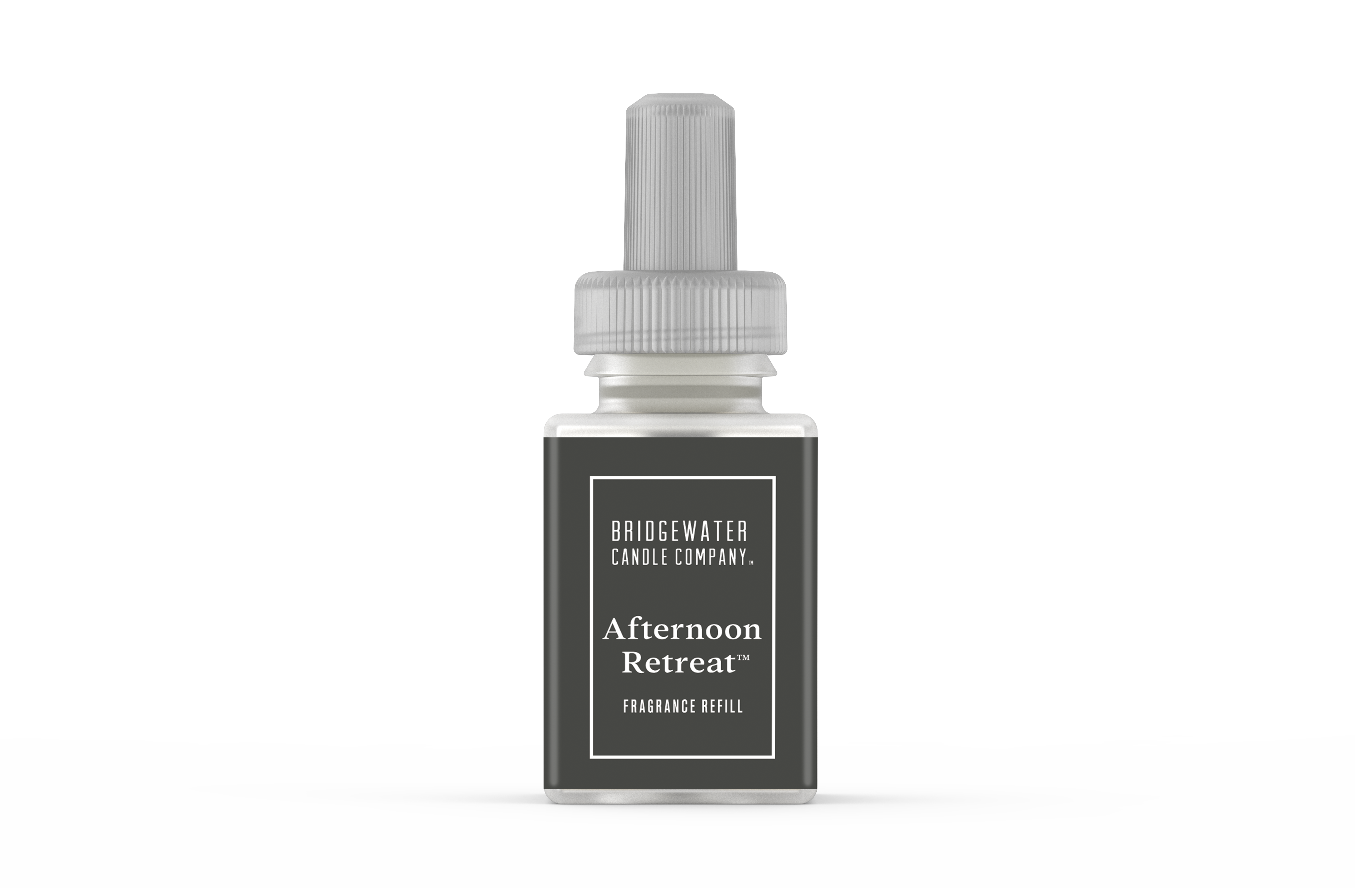 A small bottle labeled “Pura + Bridgewater Fragrance Refill - Afternoon Retreat” by Bridgewater Candle Company, with a gray cap, for the Pura Smart Vials diffuser, set against a plain white background.