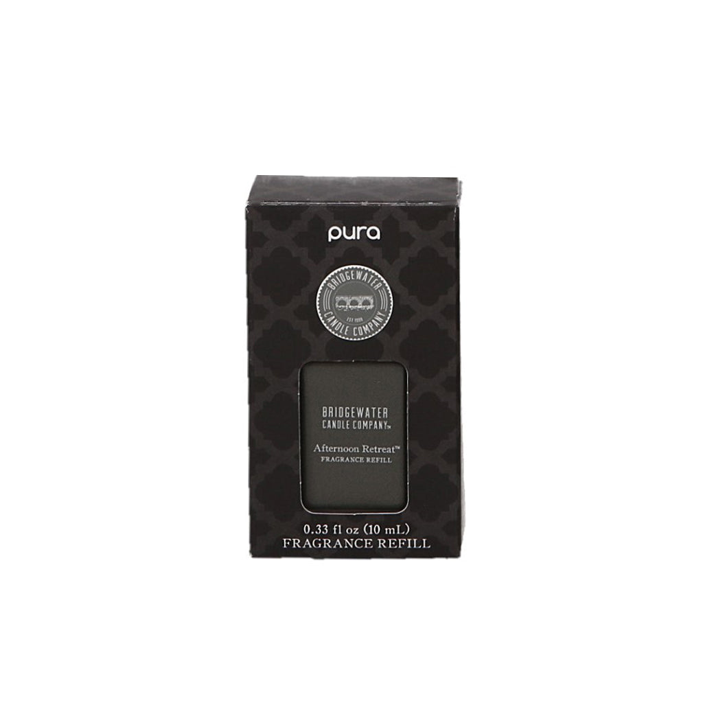 A black rectangular box labeled Bridgewater Candle Company Pura + Bridgewater Fragrance Refill - Afternoon Retreat, containing a 0.33 fl oz (10 mL) scent refill for your Pura Smart Home Fragrance diffuser.