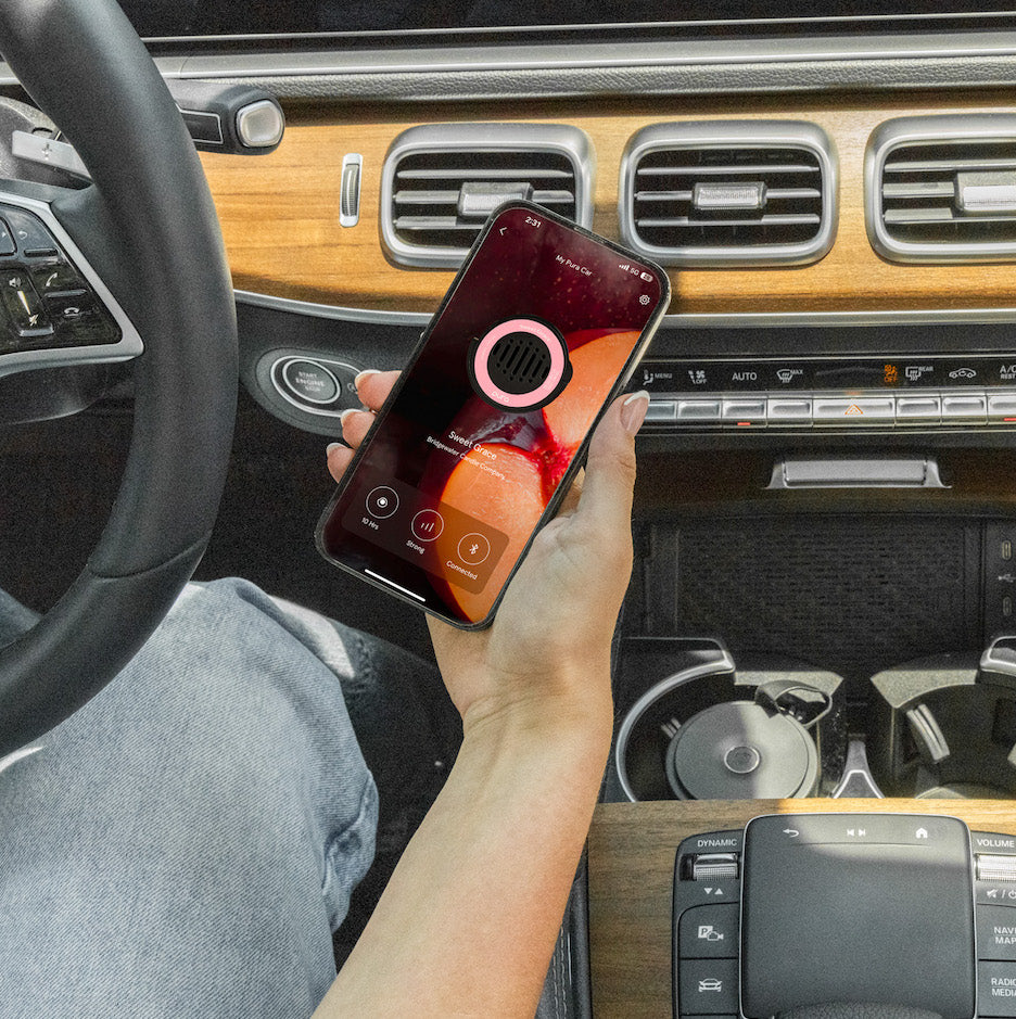 A person seated in a car uses a smartphone with a voice recording app, while a Bridgewater Candle Company Bridgewater + PURA Sweet Grace Car Diffuser Set is clipped to the modern wooden dashboard vent.