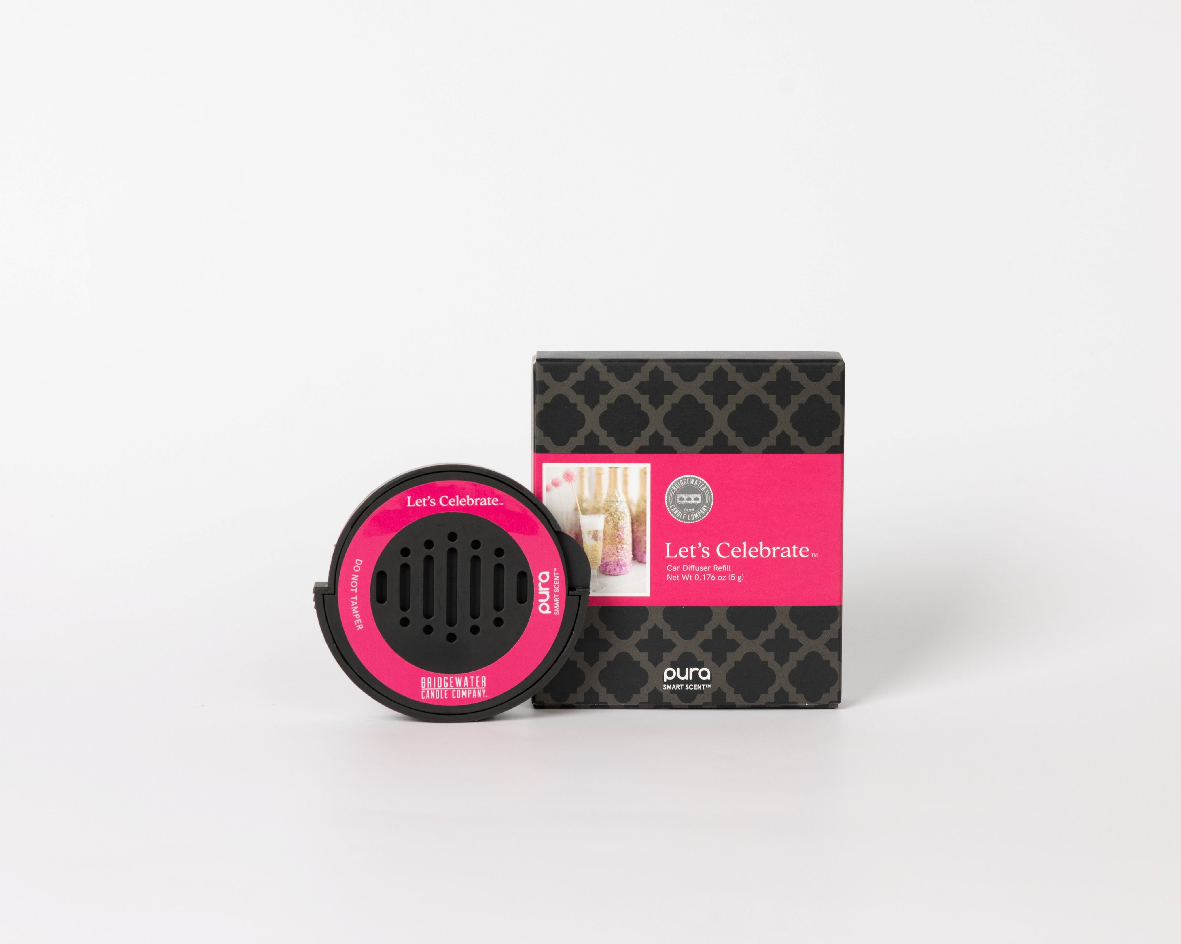 Let's Celebrate Car Diffuser Pura product with pink and black design on a white background