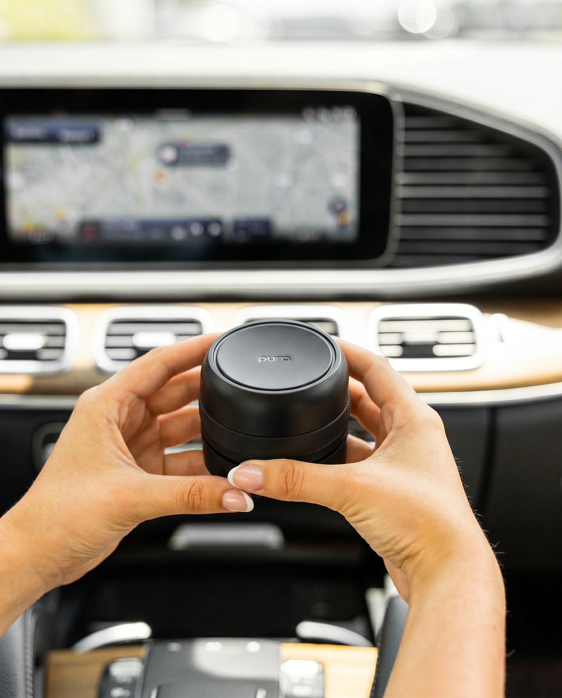 A person holds the Bridgewater + PURA Sweet Grace Car PRO Diffuser Set by Bridgewater Candle inside a car, with a GPS screen in the background, suggesting convenient long-lasting fragrance while driving.