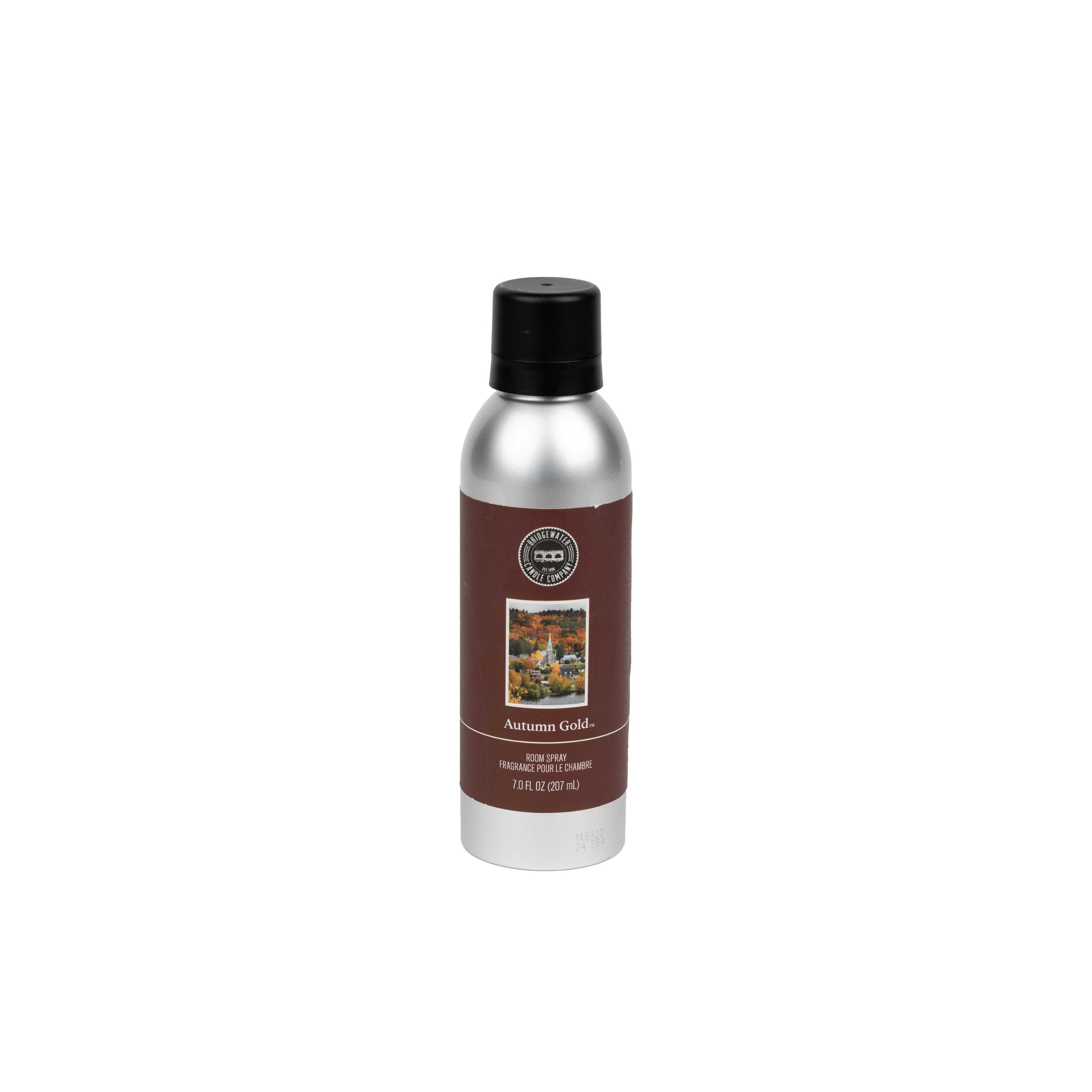 Bridgewater Candle’s Autumn Gold Room Spray comes in a silver can with a black cap and a brown autumn foliage label, bringing an inviting autumn fragrance to any room.