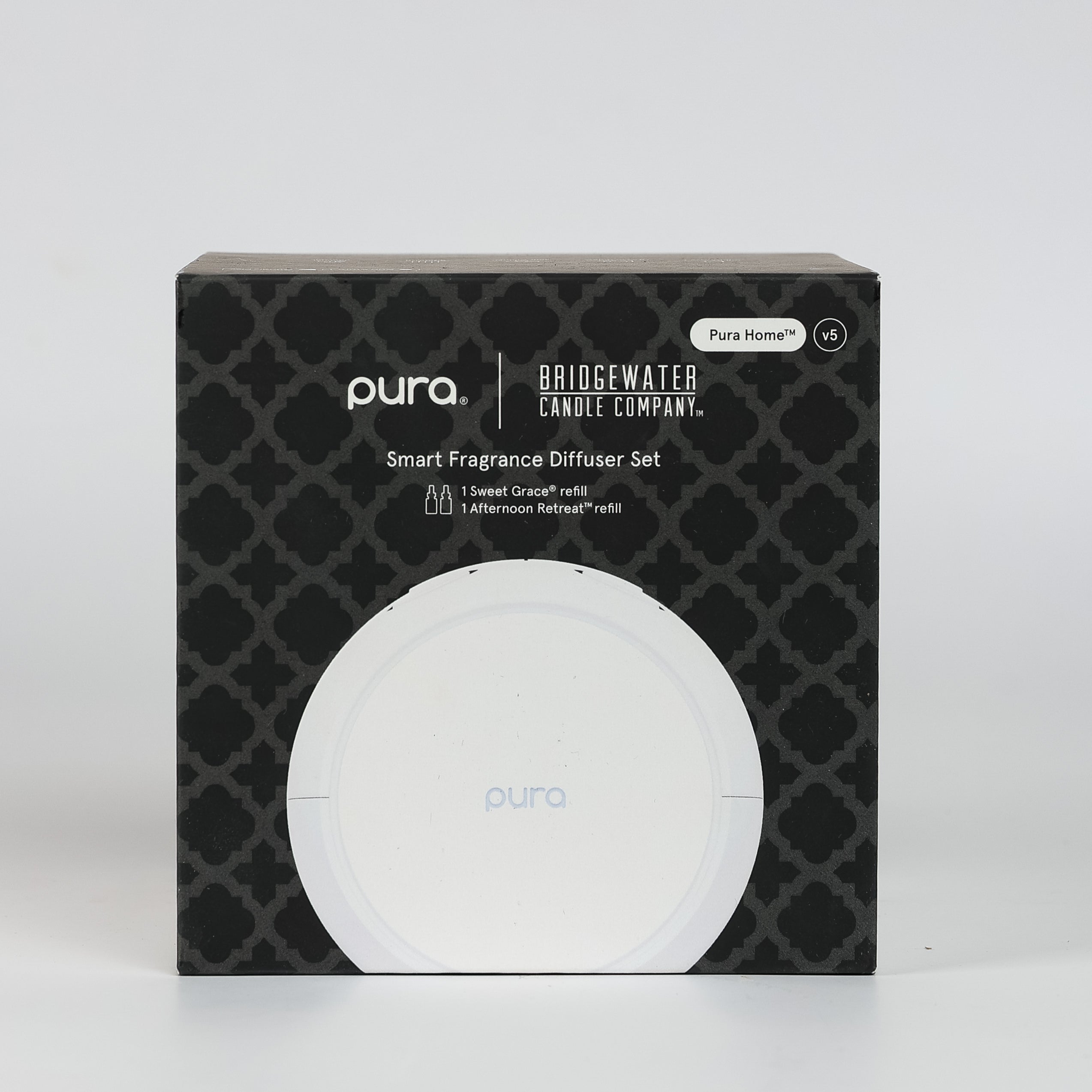 Bridgewater Candle PURA + Bridgewater Smart Home Diffuser Set box, showcasing a large white PURA diffuser and text highlighting included Sweet Grace and Afternoon Retreat V5 fragrance scent refills.