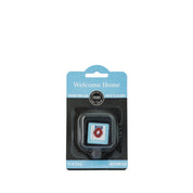 A Bridgewater Candle Auto Vent Clip-Welcome Home car air freshener in retail packaging featuring a square icon of a front door with a wreath.