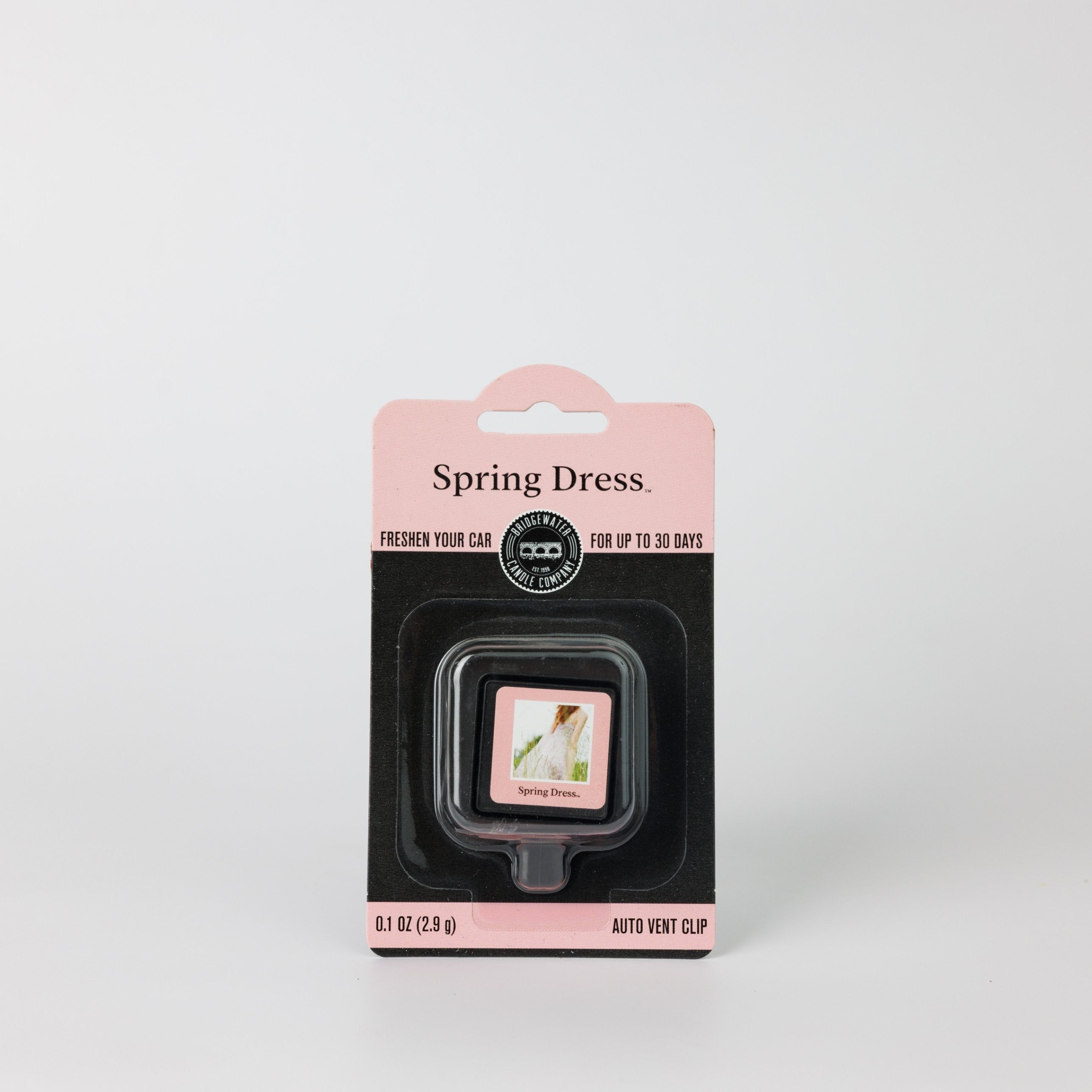 Bridgewater Candle Auto Vent Clip-Spring Dress in pink and black packaging.