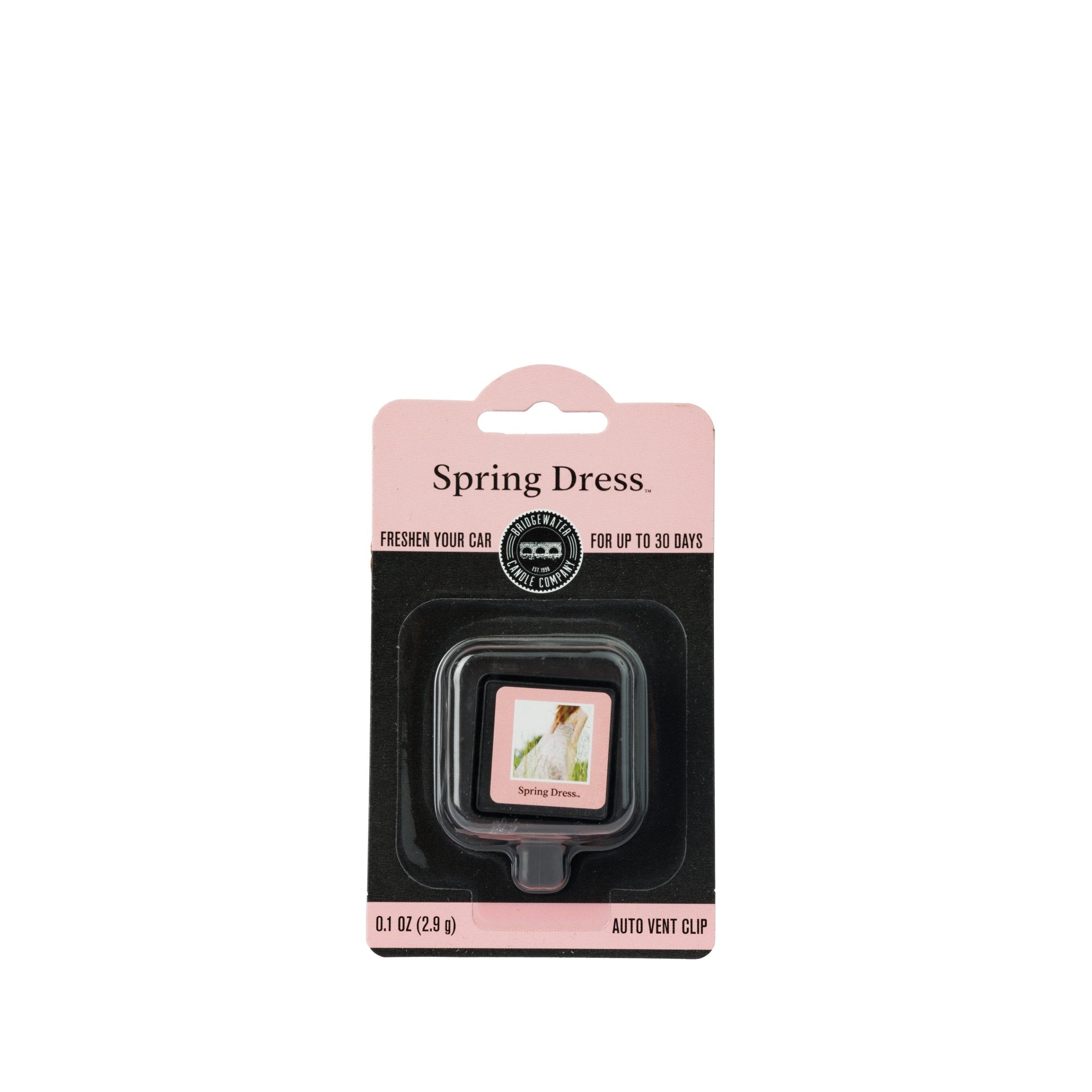 A Bridgewater Candle Auto Vent Clip-Spring Dress in pink packaging.