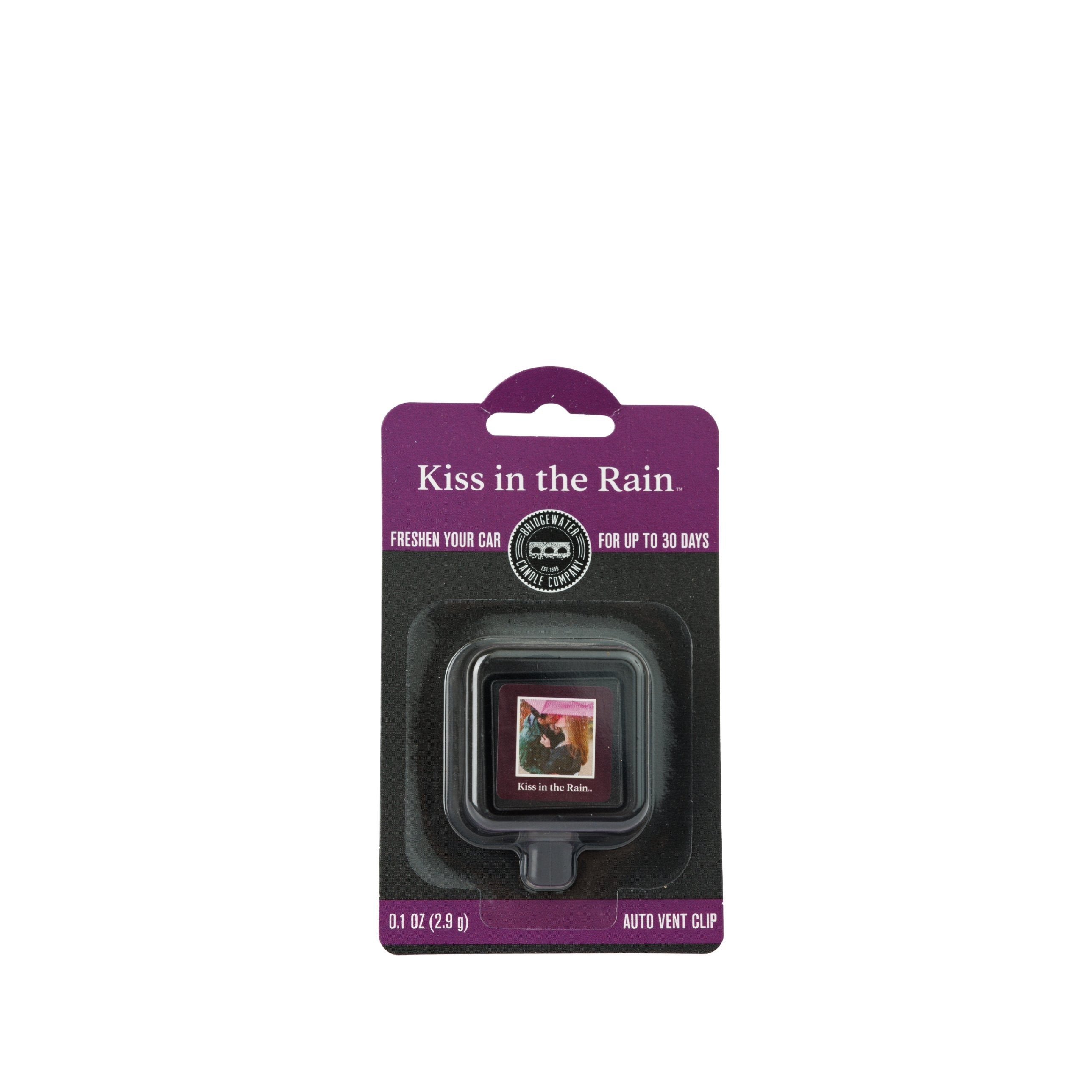 A packaged Bridgewater Candle Auto Vent Clip-Kiss in the Rain fragrance clip.