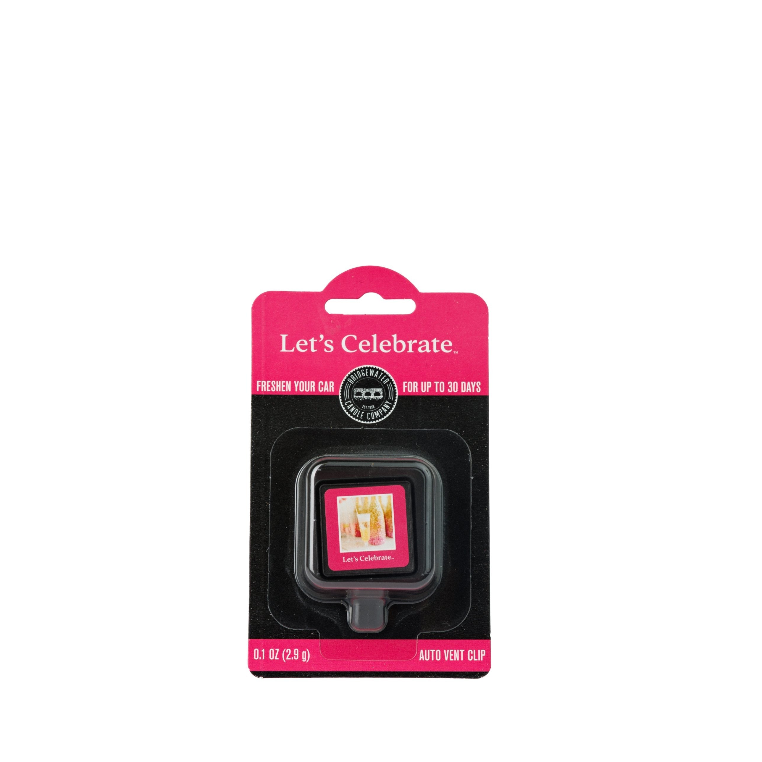 Square Bridgewater Candle Auto Vent Clip-Let’s Celebrate fragrance in pink packaging.