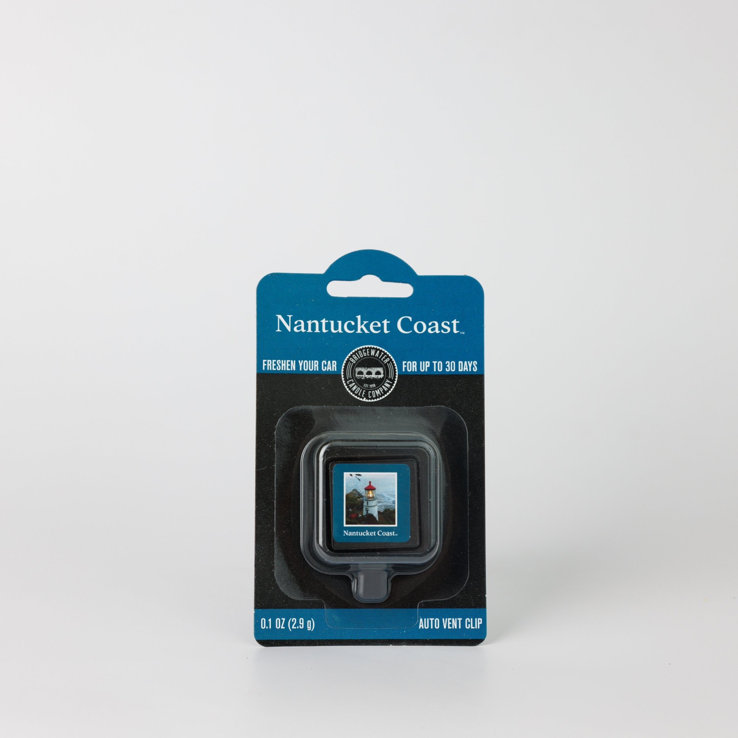 Bridgewater Candle Auto Vent Clip-Nantucket Coast car air freshener vent clip in retail packaging with a label featuring a lighthouse.