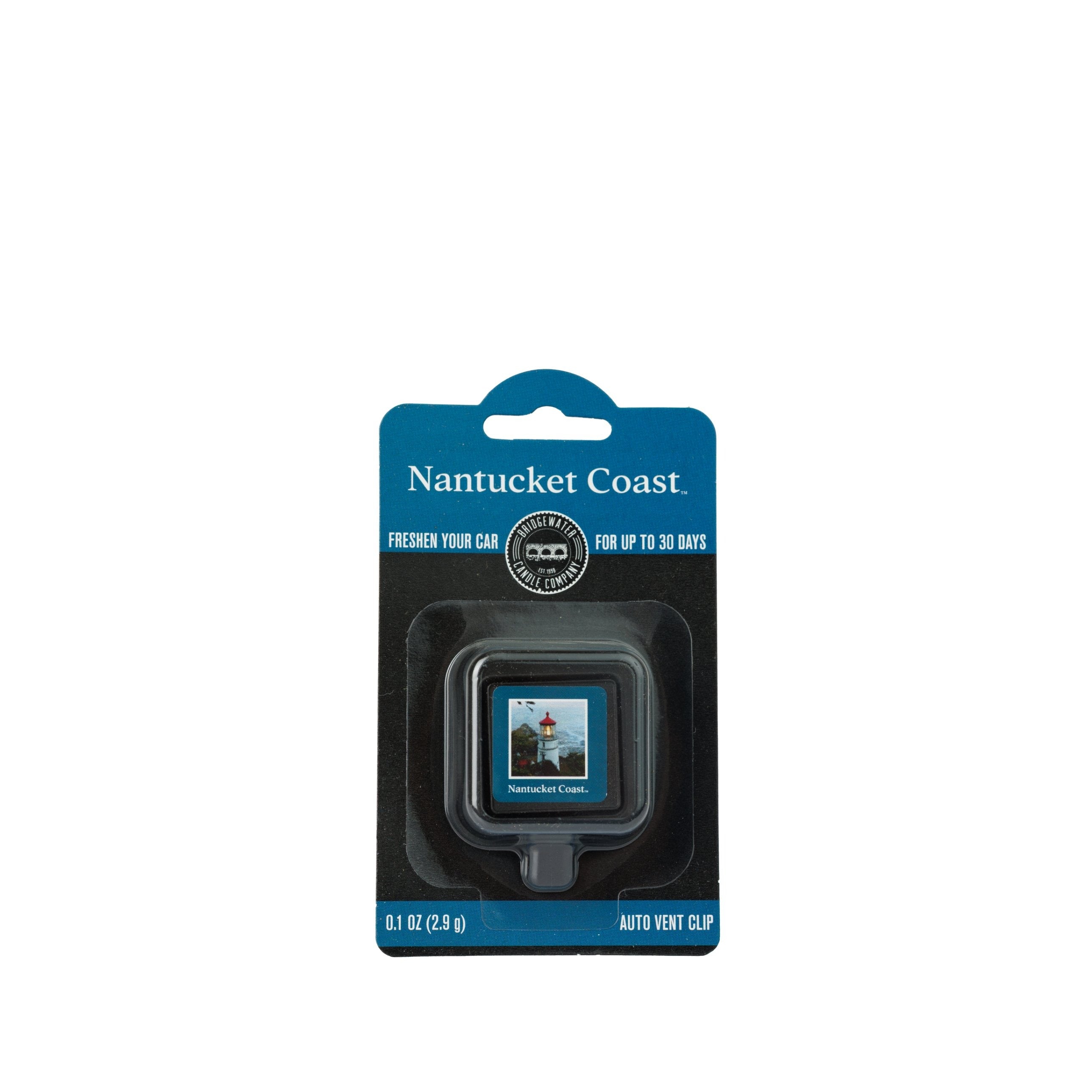 Bridgewater Candle Auto Vent Clip-Nantucket Coast in retail packaging featuring a lighthouse image.