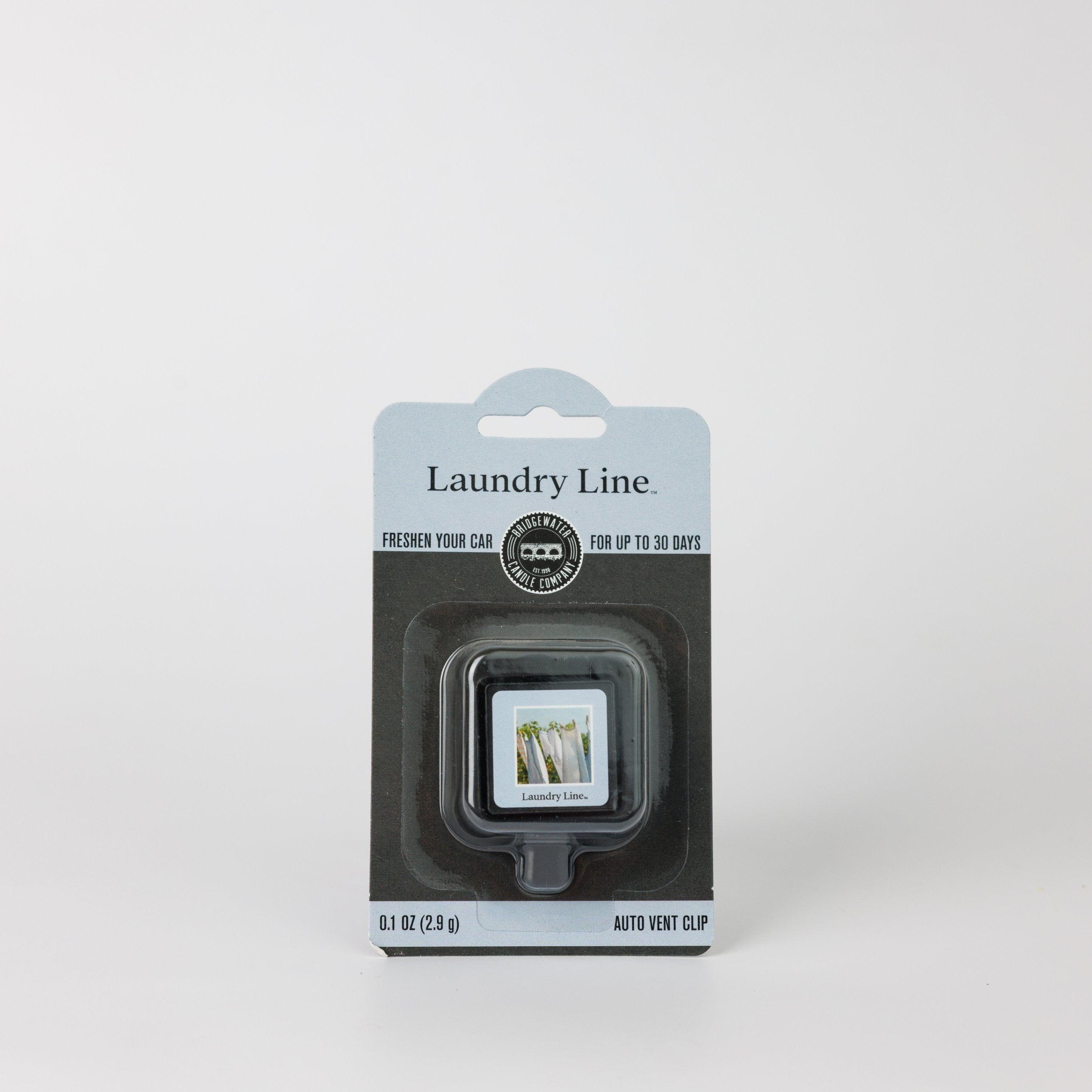 Bridgewater Candle Auto Vent Clip-Laundry Line in packaging designed to freshen a vehicle for up to 30 days.