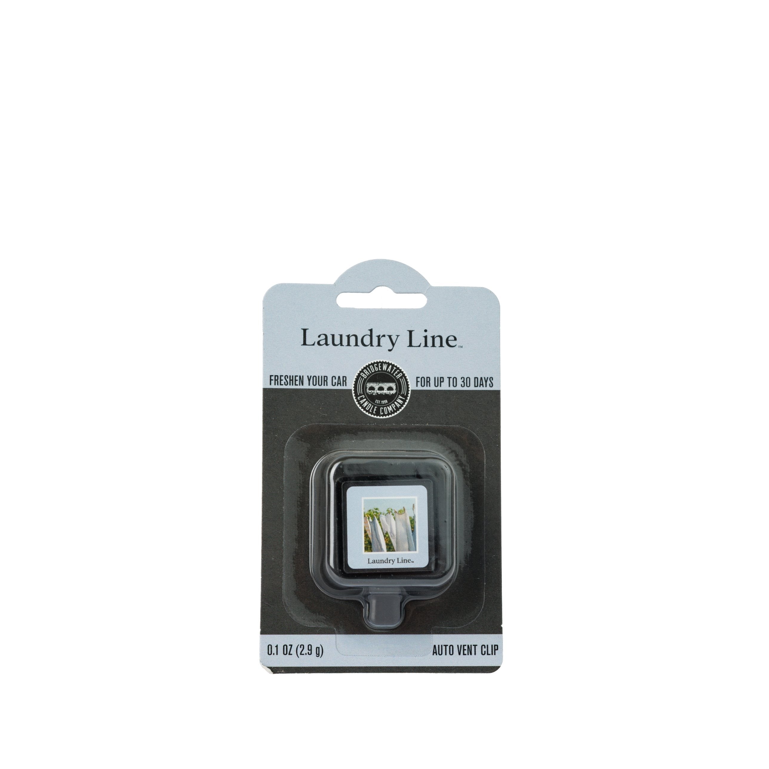 Bridgewater Candle Auto Vent Clip-Laundry Line in retail packaging featuring a laundry-themed label.