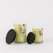 A large and a small lit yellow candle in glass jars with black lids sit on a white background. The small jar, the Spring Dress 8oz Jar Candle by Bridgewater Candle Company, offers a lovely inviting fragrance. Both display swan tags and text.