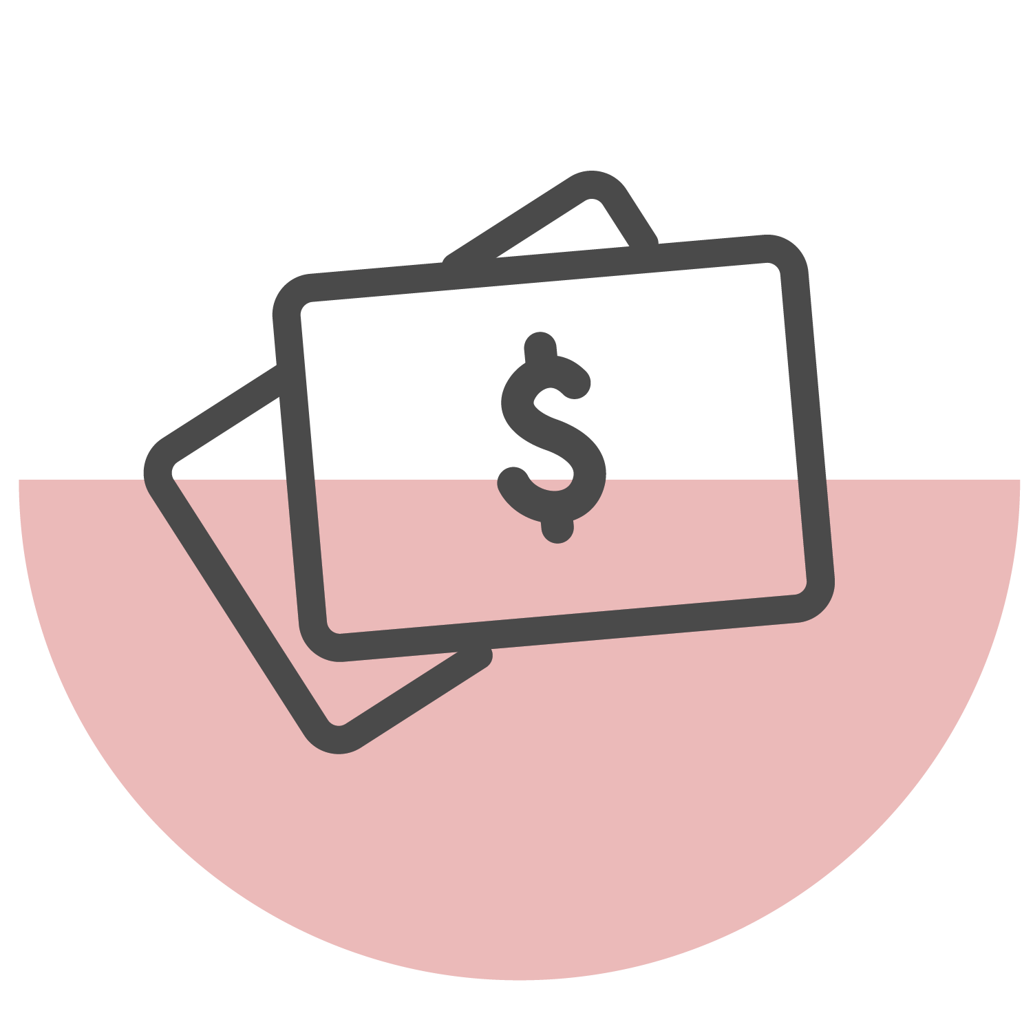 Icon of two overlapping cards, one with a dollar sign, above a pink semicircle on white—perfect for representing Bridgewater Candle Company Gift Cards.