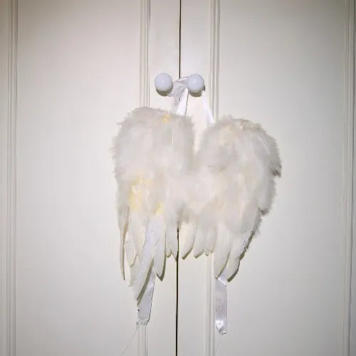 A pair of small white feathered angel wings with ribbon loops hang on two round white knobs against a plain cream-colored door.