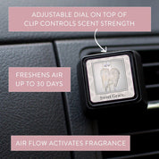 The Bridgewater Candle Company Sweet Grace Auto Vent Clip features angel wings, an adjustable scent dial, 30 days of car fragrance, and releases freshness with air flow.