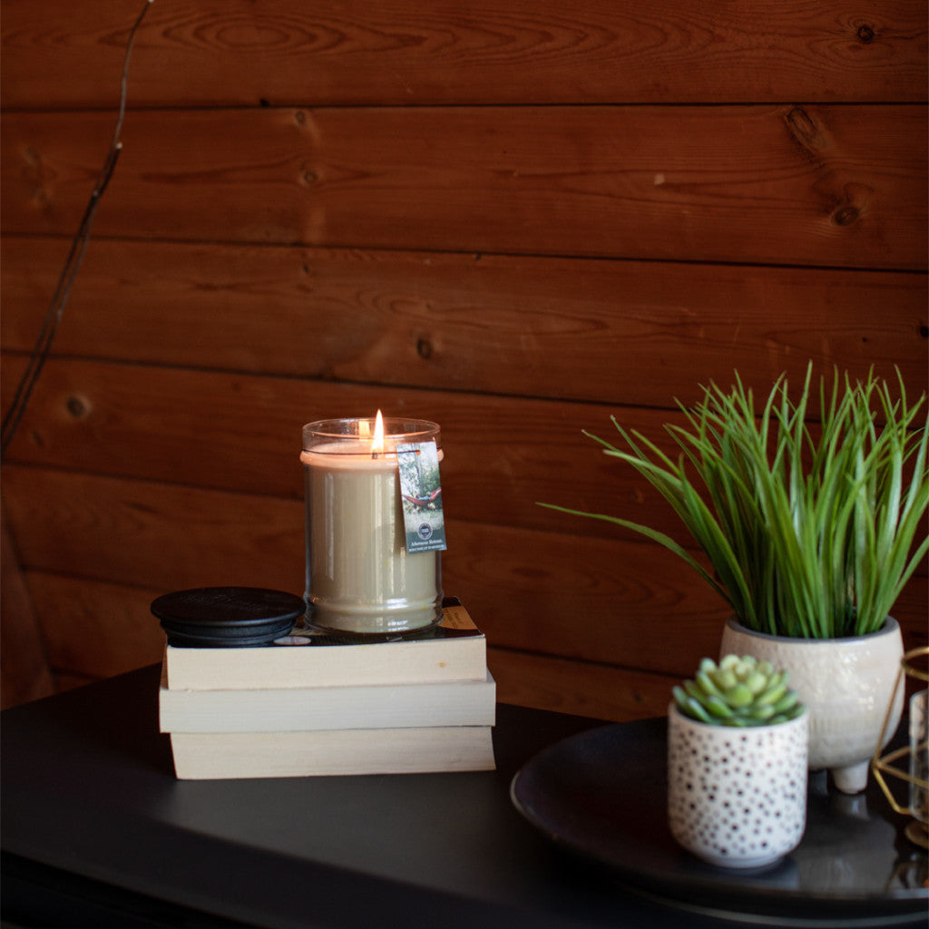 A Bridgewater Candle Company Afternoon Retreat 18oz Large Jar Candle glows atop stacked books beside lush potted plants on a dark surface, set against a wooden wall—a cozy, rustic scene perfect for relaxing.