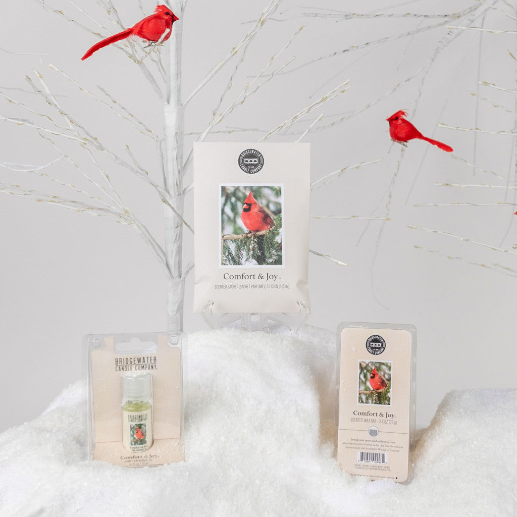 The Bridgewater Candle Company’s Comfort & Joy Flameless Bundle is displayed on faux snow with red cardinal-themed packaging, while two red cardinal ornaments sit on white, bare branches in the background.