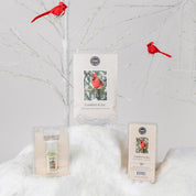 The Bridgewater Candle Company’s Comfort & Joy Flameless Bundle is displayed on faux snow with red cardinal-themed packaging, while two red cardinal ornaments sit on white, bare branches in the background.