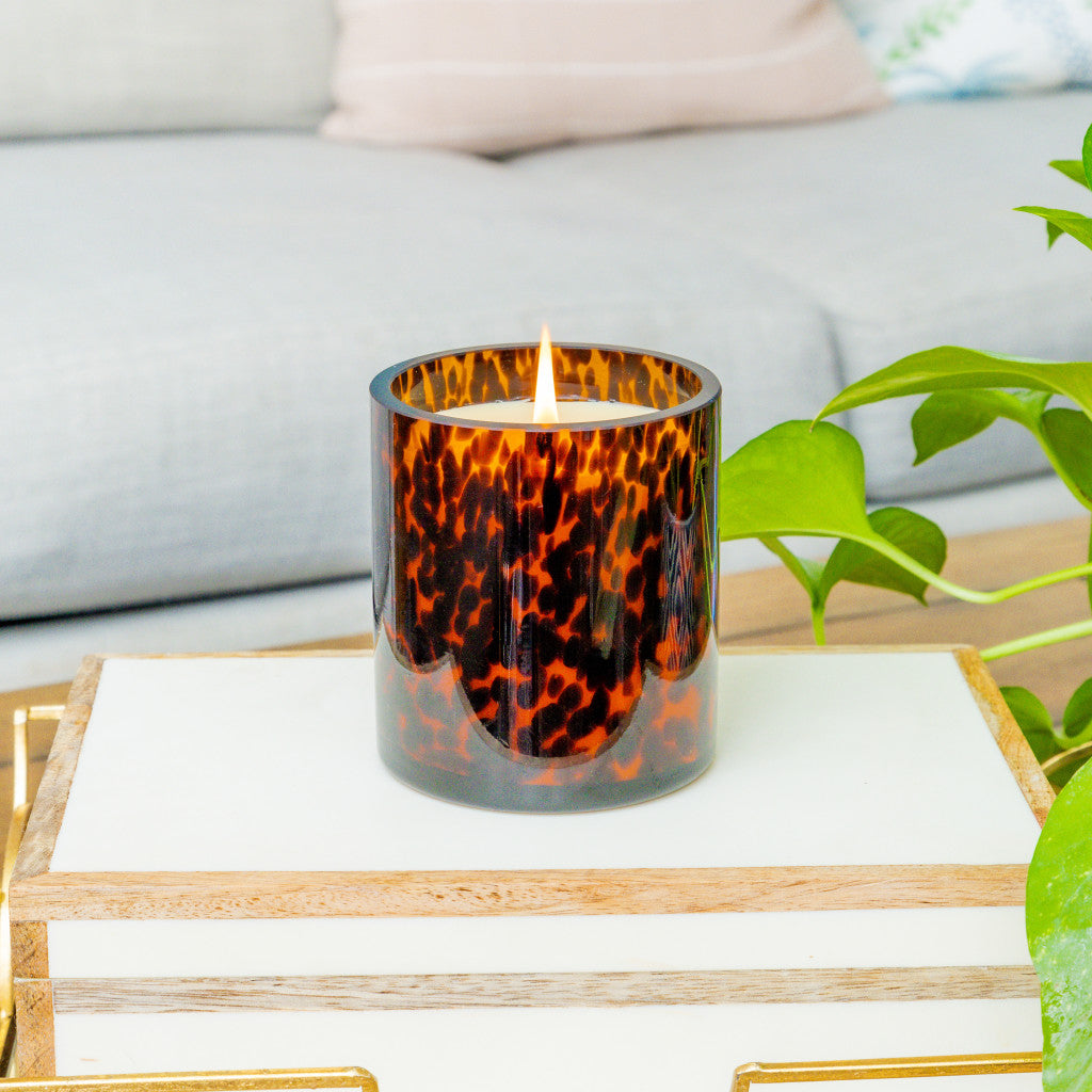 A lit Bridgewater Candle Company Sweet Grace Collection Candle #064, in a brown tortoise glass holder, sits on a white and wood box with a green plant and light gray sofa in the background. The soy-blend wax creates an inviting atmosphere.