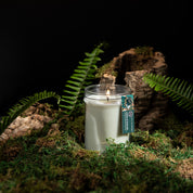 The Bridgewater Candle Company Amber & Emerald 18oz Large Jar Candle, made with soy-blend wax, glows in a glass jar on green moss with fern leaves and tree bark, set against a black background with a tag attached.